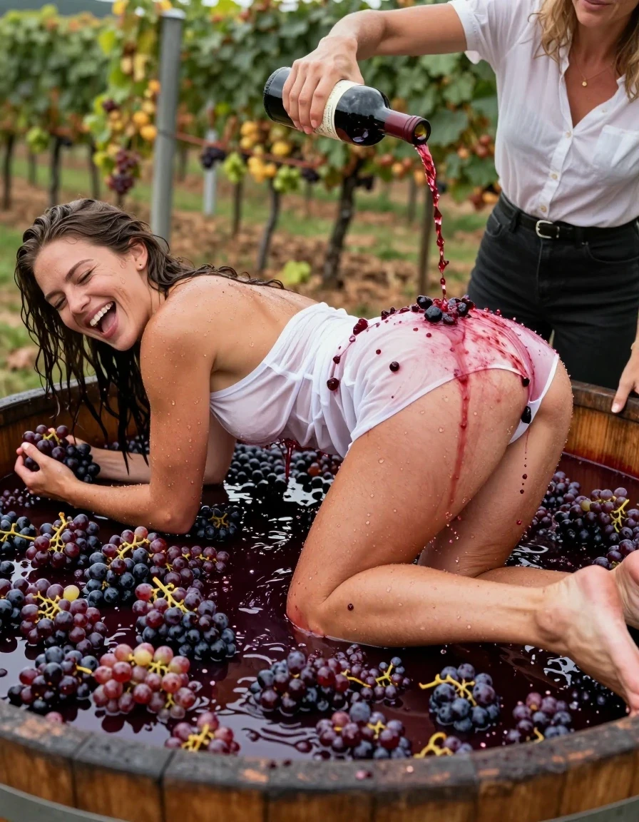 photo of young woman, in soaking wet, drenched clothes,
barefeed, white thong, white coctail dress, no bra, large, open wooden vat filled with crushed grapes. vineyards in Background, 
enjoying, wet clothes stuck to body,
detailed textures of the wet clothes, wet face, wet plastered hair,
wet, drenched, professional, high-quality details, full body view.
sharp focus, ultra-high pixel detail, realistic, high-quality, full colors, incredibly detailed, 4k, 8k, 16k, hyper-realistic, RAW photo, masterpiece, ultra-detailed, professionally color graded, professional photograph, a 25 year old nordic woman is laying completly head to feed on her stomach in a very large wooden vat during the grape harvest. she is covered with the crushed grapes and drenched with grape juice. Her dress is completely stained with red grape juice. her body is half submergen in the grape juice. The garment is thoroughly soaked an red coloured by the red grape juice and clings to her body. the girl takes a hand full of smashed grapes, lifts her dress and smears smashed grapes onto her butt and her back. Another woman stands beside the barrel and pours red wine from a wine bottle over the butt of the woman in the barrel. When the wine hits the butt, it splashes in all directions. The woman is laughing heartily. wet skin, wet clothes, damp fabric, wet skin, wet clothes, damp fabric