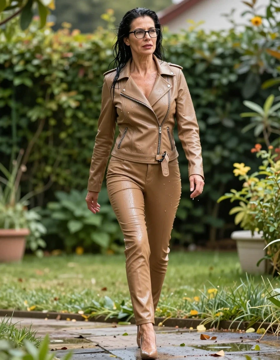 photo of young woman, in soaking wet, drenched clothes,
high-heeled shoes, long light brown leather jeans, light brown byker leather jacket, walking in sunny garden after bath, 
enjoying, wet clothes stuck to body,
detailed textures of the wet clothes, wet face, wet plastered hair,
wet, drenched, professional, high-quality details, full body view.
sharp focus, ultra-high pixel detail, realistic, high-quality, full colors, incredibly detailed, 4k, 8k, 16k, hyper-realistic, RAW photo, masterpiece, ultra-detailed, professionally color graded, professional photograph, europen brunette skinny woman 50 years old, long dark black hair, office glasses, very big and thick lips, complete body, wet skin, wet clothes, damp fabric, wet skin, wet clothes, damp fabric, wet skin, wet clothes, damp fabric, wet skin, wet clothes, damp fabric, wet skin, wet clothes, damp fabric, wet skin, wet clothes, damp fabric, wet skin, wet clothes, damp fabric