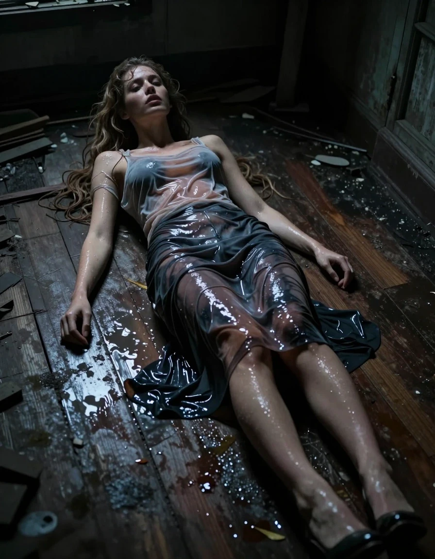 A photorealistic full-body shot of a young adult European woman with wavy medium-length hair lying flat on the floor inside a dark, ancient, abandoned house at night. The woman is wearing a clinging, soaking-wet polyester skirt that is heavily saturated, dark, and translucent, highlighting the texture of the fabric, and a wet, damp Tshirt slip that clings to her torso. She is wearing high heels, with the entire scene bathed in pitch-dark shadows. The woman's skin and hair are visibly wet, with a realistic water sheen, dark soaked fabric, and heavy, clinging folds. The lighting is minimal and moody, catching the specular reflections on the wet surfaces of her skin and clothing. The atmosphere is cold, damp, and cinematic, captured with high-detail photographic precision, sharp focus on the textures of the wet clothing and the weathered wooden floorboards of the ancient house.