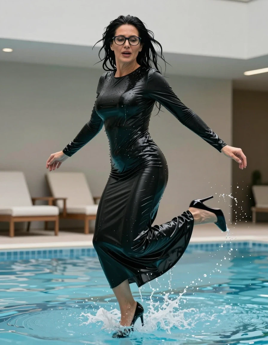 photo of young woman, in soaking wet, drenched clothes,
high-heeled shoes, maxi flared black latex dress with long sleeves, maxi flared black latex dress with long sleeves, jump in indoor pool , 
enjoying, wet clothes stuck to body,
detailed textures of the wet clothes, wet face, wet plastered hair,
wet, drenched, professional, high-quality details, full body view.
sharp focus, ultra-high pixel detail, realistic, high-quality, full colors, incredibly detailed, 4k, 8k, 16k, hyper-realistic, RAW photo, masterpiece, ultra-detailed, professionally color graded, professional photograph, europen brunette skinny woman 50 years old, long dark black hair, office glasses, very big and thick lips, complete body, wet skin, wet clothes, damp fabric, wet skin, wet clothes, damp fabric, wet skin, wet clothes, damp fabric, wet skin, wet clothes, damp fabric, wet skin, wet clothes, damp fabric, wet skin, wet clothes, damp fabric, wet skin, wet clothes, damp fabric