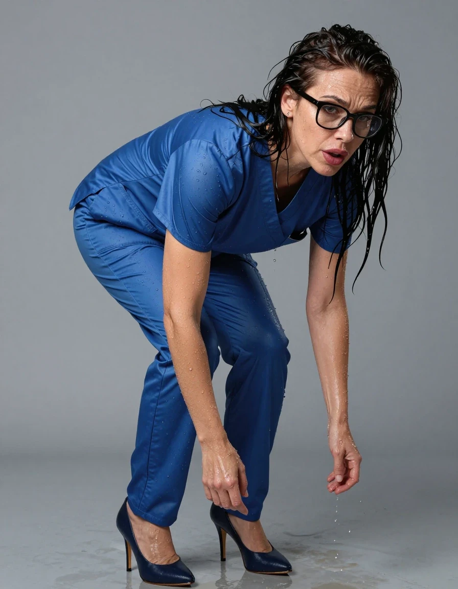 photo of young woman, in soaking wet, drenched clothes,
high-heeled shoes, tight blue shiny scrubs dress, tight blue shiny scrubs dress, after diving , 
enjoying, wet clothes stuck to body,
detailed textures of the wet clothes, wet face, wet plastered hair,
wet, drenched, professional, high-quality details, full body view.
sharp focus, ultra-high pixel detail, realistic, high-quality, full colors, incredibly detailed, 4k, 8k, 16k, hyper-realistic, RAW photo, masterpiece, ultra-detailed, professionally color graded, professional photograph, europen brunette skinny woman 50 years old, long dark black hair, office glasses, very big and thick lips, complete body, wet skin, wet clothes, damp fabric, wet skin, wet clothes, damp fabric, wet skin, wet clothes, damp fabric, wet skin, wet clothes, damp fabric, wet skin, wet clothes, damp fabric, wet skin, wet clothes, damp fabric, wet skin, wet clothes, damp fabric
