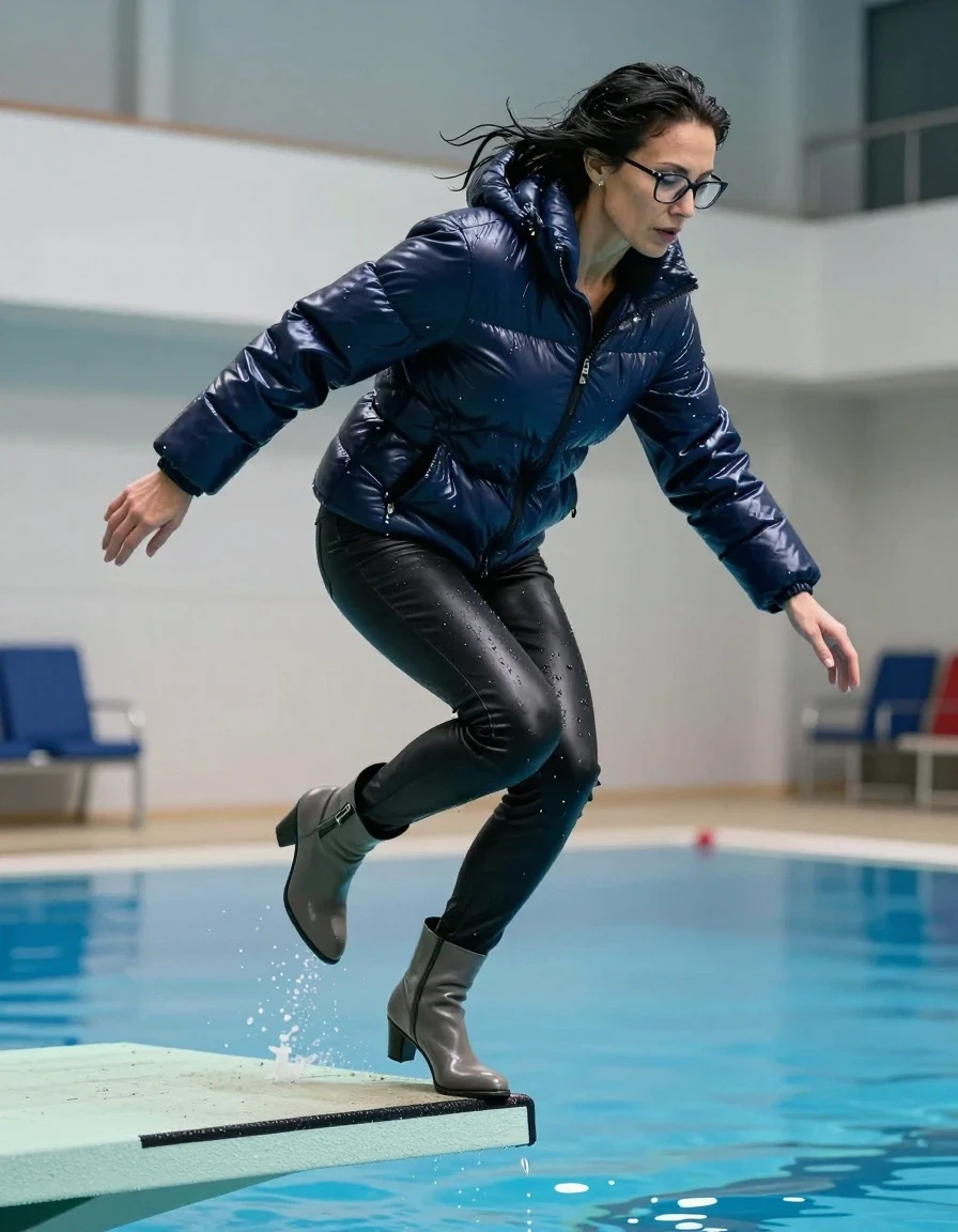 photo of young woman, in soaking wet, drenched clothes,
high-heeled gray boots, long black leather jeans, maxi dark blue shiny down jacket, jumping from the diving board into the water of the indoor pool, 
enjoying, wet clothes stuck to body,
detailed textures of the wet clothes, wet face, wet plastered hair,
wet, drenched, professional, high-quality details, full body view.
sharp focus, ultra-high pixel detail, realistic, high-quality, full colors, incredibly detailed, 4k, 8k, 16k, hyper-realistic, RAW photo, masterpiece, ultra-detailed, professionally color graded, professional photograph, europen brunette skinny woman 50 years old, long dark black hair, office glasses, very big and thick lips, complete body, wet skin, wet clothes, damp fabric, wet skin, wet clothes, damp fabric, wet skin, wet clothes, damp fabric, wet skin, wet clothes, damp fabric, wet skin, wet clothes, damp fabric, wet skin, wet clothes, damp fabric, wet skin, wet clothes, damp fabric
