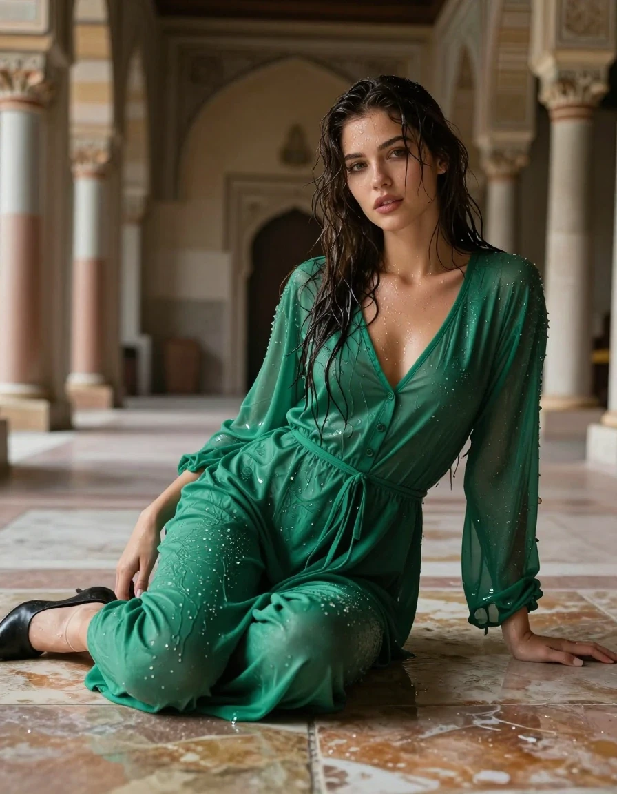 photo of young woman, in soaking wet, drenched clothes,
heels, Socks, stunning floor-length emerald , Inside ancient palace , 
enjoying, wet clothes stuck to body,
detailed textures of the wet clothes, wet face, wet plastered hair,
wet, drenched, professional, high-quality details, full body view.
sharp focus, ultra-high pixel detail, realistic, high-quality, full colors, incredibly detailed, 4k, 8k, 16k, hyper-realistic, RAW photo, masterpiece, ultra-detailed, professionally color graded, professional photograph, Wavy medium straight hair, lying flat on floor, wet skin, wet clothes, damp fabric