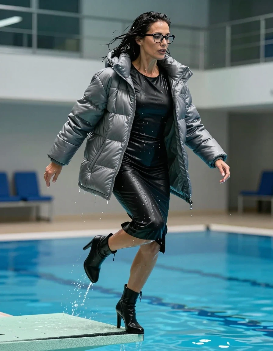 photo of young woman, in soaking wet, drenched clothes,
high-heeled boots, midi large black leather dress with long sleeves, midi large black leather dress with long sleeves, maxi gray shiny down jacket, jumping from the diving board into the water of the indoor pool, 
enjoying, wet clothes stuck to body,
detailed textures of the wet clothes, wet face, wet plastered hair,
wet, drenched, professional, high-quality details, full body view.
sharp focus, ultra-high pixel detail, realistic, high-quality, full colors, incredibly detailed, 4k, 8k, 16k, hyper-realistic, RAW photo, masterpiece, ultra-detailed, professionally color graded, professional photograph, europen brunette skinny woman 50 years old, long dark black hair, office glasses, very big and thick lips, complete body, wet skin, wet clothes, damp fabric, wet skin, wet clothes, damp fabric, wet skin, wet clothes, damp fabric, wet skin, wet clothes, damp fabric, wet skin, wet clothes, damp fabric, wet skin, wet clothes, damp fabric, wet skin, wet clothes, damp fabric