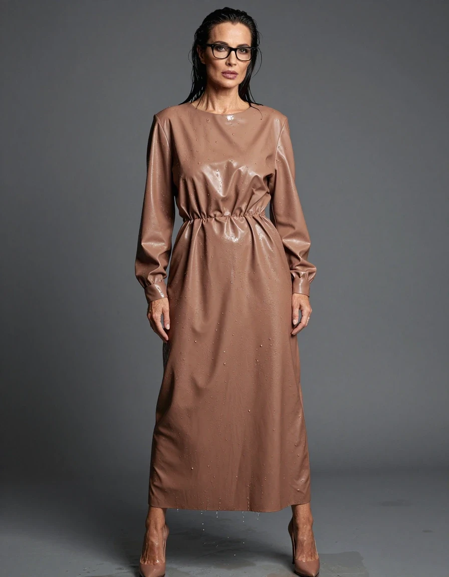 photo of young woman, in soaking wet, drenched clothes,
high-heeled shoes, maxi large light brown leather dress with long sleeves, maxi large light brown leather dress with long sleeves, after bath, 
enjoying, wet clothes stuck to body,
detailed textures of the wet clothes, wet face, wet plastered hair,
wet, drenched, professional, high-quality details, full body view.
sharp focus, ultra-high pixel detail, realistic, high-quality, full colors, incredibly detailed, 4k, 8k, 16k, hyper-realistic, RAW photo, masterpiece, ultra-detailed, professionally color graded, professional photograph, europen brunette skinny woman 50 years old, long dark black hair, office glasses, very big and thick lips, complete body, wet skin, wet clothes, damp fabric, wet skin, wet clothes, damp fabric, wet skin, wet clothes, damp fabric, wet skin, wet clothes, damp fabric, wet skin, wet clothes, damp fabric, wet skin, wet clothes, damp fabric, wet skin, wet clothes, damp fabric