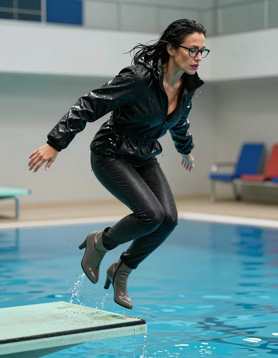 photo of young woman, in soaking wet, drenched clothes,
high-heeled gray boots, long black leather jeans, maxi black shiny winter jacket, jumping from the diving board into the water of the indoor pool, 
enjoying, wet clothes stuck to body,
detailed textures of the wet clothes, wet face, wet plastered hair,
wet, drenched, professional, high-quality details, full body view.
sharp focus, ultra-high pixel detail, realistic, high-quality, full colors, incredibly detailed, 4k, 8k, 16k, hyper-realistic, RAW photo, masterpiece, ultra-detailed, professionally color graded, professional photograph, europen brunette skinny woman 50 years old, long dark black hair, office glasses, very big and thick lips, complete body, wet skin, wet clothes, damp fabric, wet skin, wet clothes, damp fabric, wet skin, wet clothes, damp fabric, wet skin, wet clothes, damp fabric, wet skin, wet clothes, damp fabric, wet skin, wet clothes, damp fabric, wet skin, wet clothes, damp fabric