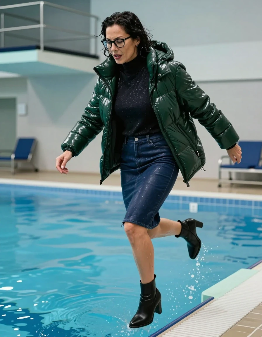 photo of young woman, in soaking wet, drenched clothes,
high-heeled black boots, pencil midi dark blue denim leather skirt, high-neck shiny black sweater, maxi derk green shiny winter down jacket, jumping from the diving board into the water of the indoor pool, 
enjoying, wet clothes stuck to body,
detailed textures of the wet clothes, wet face, wet plastered hair,
wet, drenched, professional, high-quality details, full body view.
sharp focus, ultra-high pixel detail, realistic, high-quality, full colors, incredibly detailed, 4k, 8k, 16k, hyper-realistic, RAW photo, masterpiece, ultra-detailed, professionally color graded, professional photograph, europen brunette skinny woman 50 years old, long dark black hair, office glasses, very big and thick lips, complete body, wet skin, wet clothes, damp fabric, wet skin, wet clothes, damp fabric, wet skin, wet clothes, damp fabric, wet skin, wet clothes, damp fabric, wet skin, wet clothes, damp fabric, wet skin, wet clothes, damp fabric, wet skin, wet clothes, damp fabric