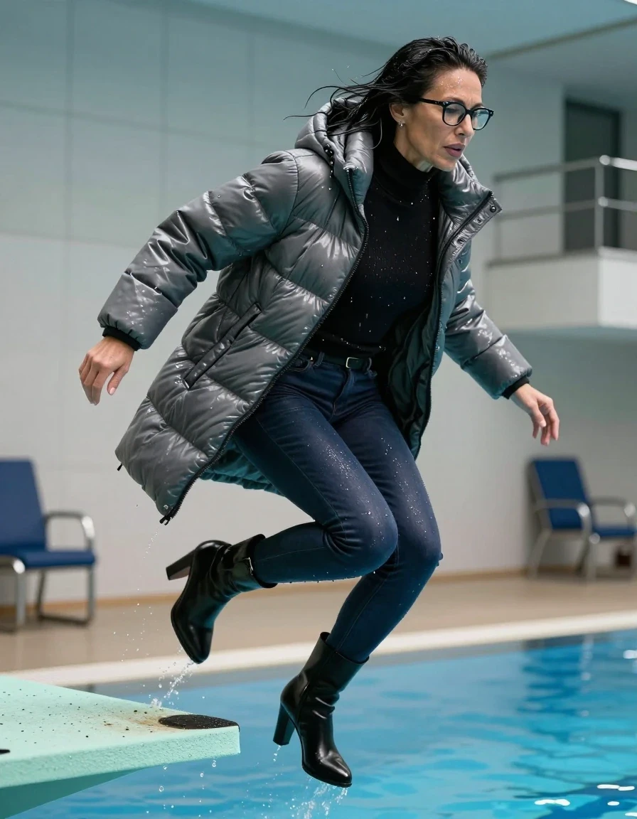 photo of young woman, in soaking wet, drenched clothes,
high-heeled black boots, long dark blue leather jeans, high-neck shiny black sweater, maxi gray shiny winter down jacket, jumping from the diving board into the water of the indoor pool, 
enjoying, wet clothes stuck to body,
detailed textures of the wet clothes, wet face, wet plastered hair,
wet, drenched, professional, high-quality details, full body view.
sharp focus, ultra-high pixel detail, realistic, high-quality, full colors, incredibly detailed, 4k, 8k, 16k, hyper-realistic, RAW photo, masterpiece, ultra-detailed, professionally color graded, professional photograph, europen brunette skinny woman 50 years old, long dark black hair, office glasses, very big and thick lips, complete body, wet skin, wet clothes, damp fabric, wet skin, wet clothes, damp fabric, wet skin, wet clothes, damp fabric, wet skin, wet clothes, damp fabric, wet skin, wet clothes, damp fabric, wet skin, wet clothes, damp fabric, wet skin, wet clothes, damp fabric