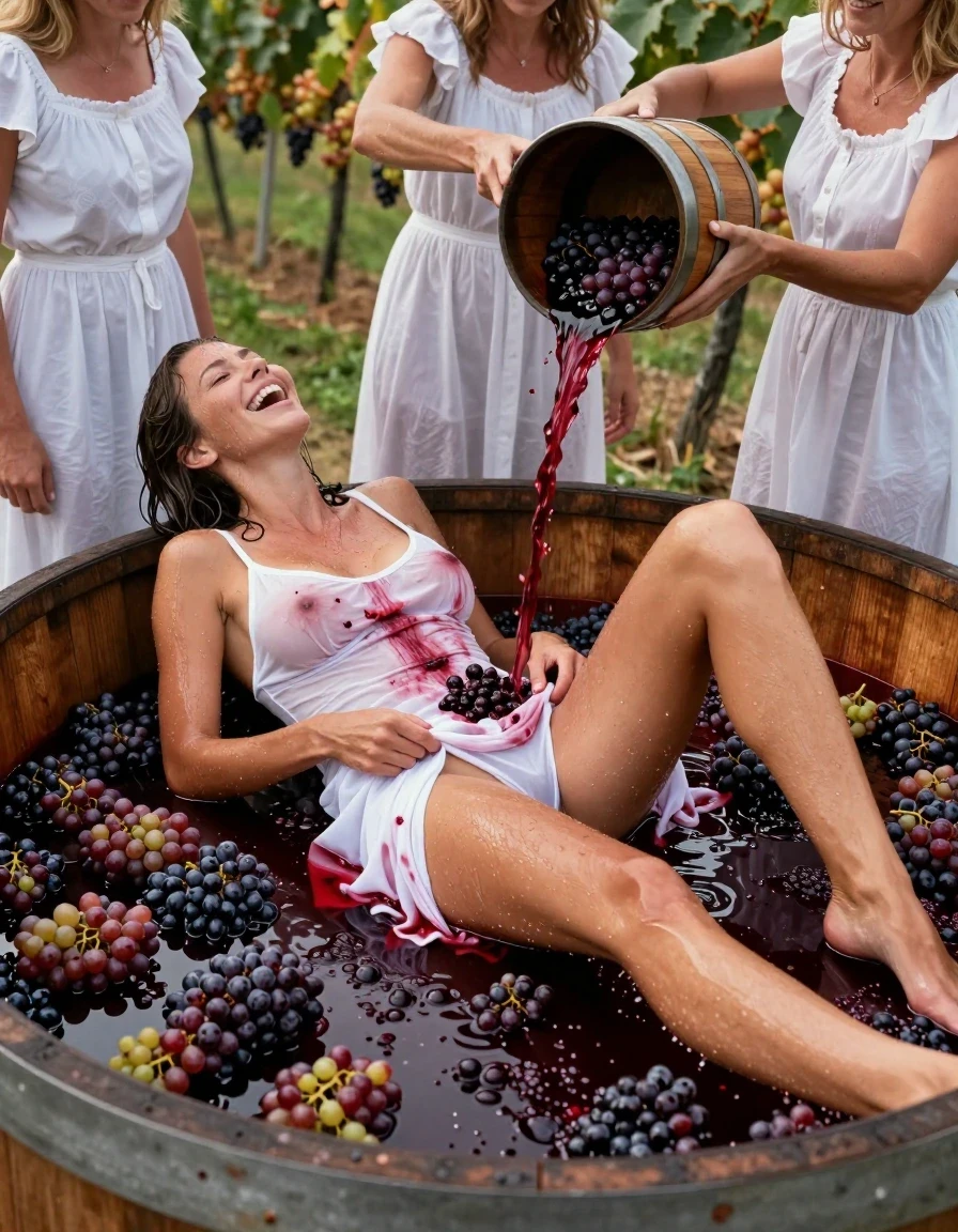 photo of young woman, in soaking wet, drenched clothes,
barefeed, white thong, white coctail dress, no bra, large, open wooden vat filled with crushed grapes. vineyards in Background, 
enjoying, wet clothes stuck to body,
detailed textures of the wet clothes, wet face, wet plastered hair,
wet, drenched, professional, high-quality details, full body view.
sharp focus, ultra-high pixel detail, realistic, high-quality, full colors, incredibly detailed, 4k, 8k, 16k, hyper-realistic, RAW photo, masterpiece, ultra-detailed, professionally color graded, professional photograph, a 25 year old nordic woman is laying on the back in a large wooden vat during the grape harvest and spreads their legs. she is covered with the crushed grapes and drenched with grape juice. Her white dress is completely stained with red grape juice. the boobs are visible under the wet fabric. her body is half submerged in the grape juice. The garment is thoroughly soaked with red grape juice and clings to her body. the girl takes a hand full of smashed grapes, lifts her dress and puts smashed grapes into her panties. Another three woman in white dresses stands around the barrel and each of them pours a lot of red wine from a wooden bucket over the body of the woman in the barrel. The woman is laughing heartily. wet skin, wet clothes, damp fabric, wet skin, wet clothes, damp fabric, wet skin, wet clothes, damp fabric