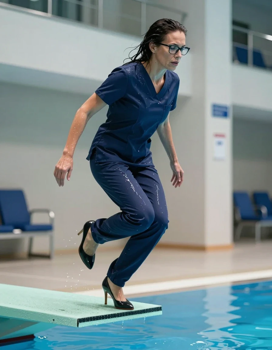 photo of young woman, in soaking wet, drenched clothes,
high-heeled shoes, tight dark blue shiny scrubs, tight dark blue shiny scrubs, jumping from the diving board into the water of the indoor pool, 
enjoying, wet clothes stuck to body,
detailed textures of the wet clothes, wet face, wet plastered hair,
wet, drenched, professional, high-quality details, full body view.
sharp focus, ultra-high pixel detail, realistic, high-quality, full colors, incredibly detailed, 4k, 8k, 16k, hyper-realistic, RAW photo, masterpiece, ultra-detailed, professionally color graded, professional photograph, europen brunette skinny woman 50 years old, long dark black hair, office glasses, very big and thick lips, complete body, wet skin, wet clothes, damp fabric, wet skin, wet clothes, damp fabric, wet skin, wet clothes, damp fabric, wet skin, wet clothes, damp fabric, wet skin, wet clothes, damp fabric, wet skin, wet clothes, damp fabric, wet skin, wet clothes, damp fabric