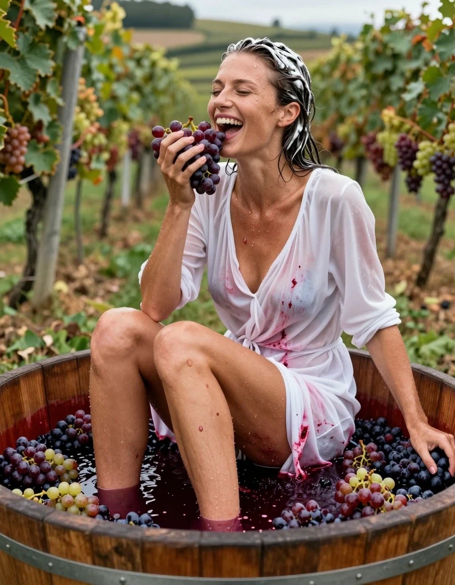 photo of young woman, in soaking wet, drenched clothes,
barefeed, white thong, white coctail dress, no bra, large, open wooden vat filled with crushed grapes. vineyards in Background, 
enjoying, wet clothes stuck to body,
detailed textures of the wet clothes, wet face, wet plastered hair,
wet, drenched, professional, high-quality details, full body view.
sharp focus, ultra-high pixel detail, realistic, high-quality, full colors, incredibly detailed, 4k, 8k, 16k, hyper-realistic, RAW photo, masterpiece, ultra-detailed, professionally color graded, professional photograph, a 25 year old nordic woman is sitting in a large wooden vat during the grape harvest. she is sitting deep in the crushed grapes and the grape juice. Her white dress is completely stained with red grape juice. The garment is thoroughly soaked with red grape juice and clings to her body. The woman is laughing heartily. wet skin, wet clothes, damp fabric, wet skin, wet clothes, damp fabric