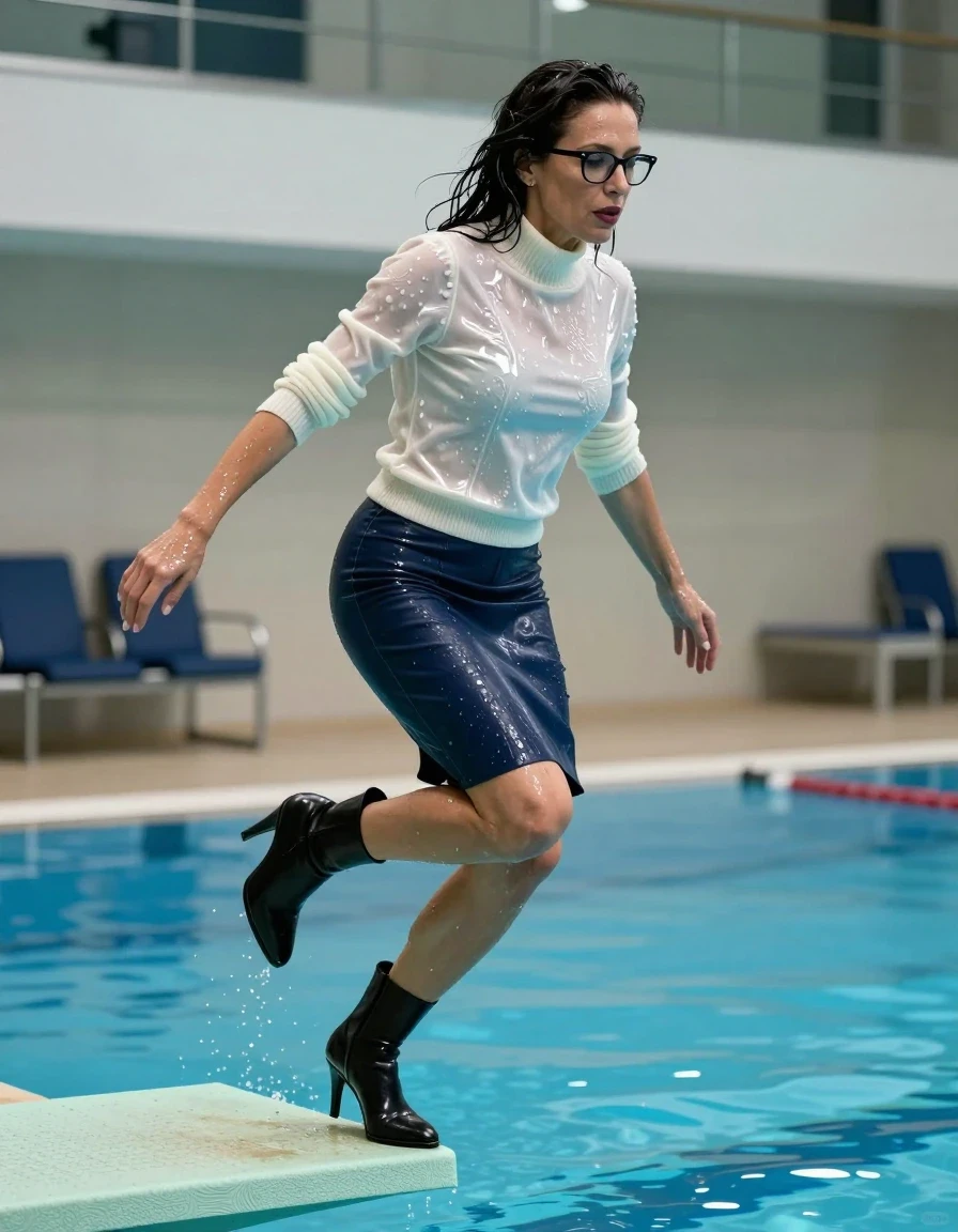 photo of young woman, in soaking wet, drenched clothes,
high-heeled black boots, pencil midi dark blue denim leather skirt, high-neck shiny white floral sweater, jumping from the diving board into the water of the indoor pool, 
enjoying, wet clothes stuck to body,
detailed textures of the wet clothes, wet face, wet plastered hair,
wet, drenched, professional, high-quality details, full body view.
sharp focus, ultra-high pixel detail, realistic, high-quality, full colors, incredibly detailed, 4k, 8k, 16k, hyper-realistic, RAW photo, masterpiece, ultra-detailed, professionally color graded, professional photograph, europen brunette skinny woman 50 years old, long dark black hair, office glasses, very big and thick lips, complete body, wet skin, wet clothes, damp fabric, wet skin, wet clothes, damp fabric, wet skin, wet clothes, damp fabric, wet skin, wet clothes, damp fabric, wet skin, wet clothes, damp fabric, wet skin, wet clothes, damp fabric, wet skin, wet clothes, damp fabric