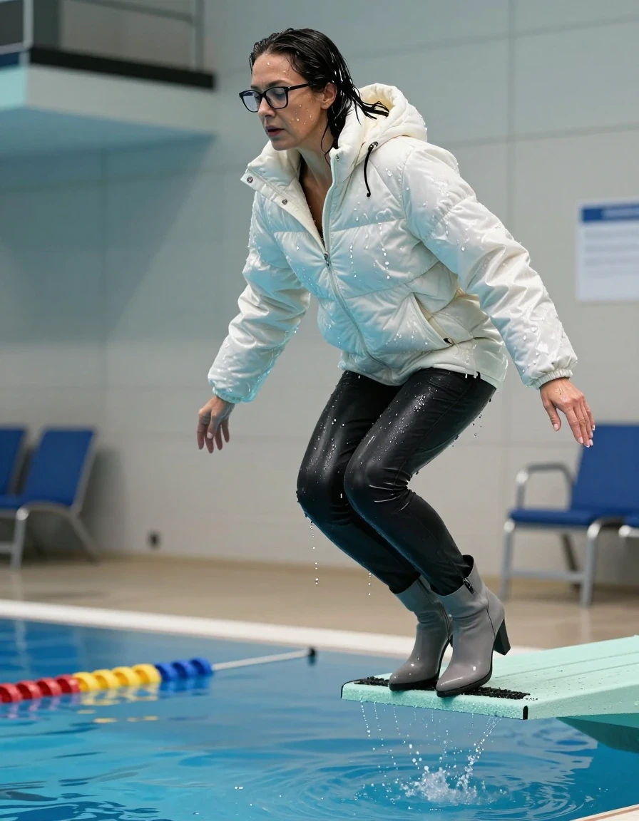 photo of young woman, in soaking wet, drenched clothes,
high-heeled gray boots, long black leather jeans, maxi white shiny down jacket, jumping from the diving board into the water of the indoor pool, 
enjoying, wet clothes stuck to body,
detailed textures of the wet clothes, wet face, wet plastered hair,
wet, drenched, professional, high-quality details, full body view.
sharp focus, ultra-high pixel detail, realistic, high-quality, full colors, incredibly detailed, 4k, 8k, 16k, hyper-realistic, RAW photo, masterpiece, ultra-detailed, professionally color graded, professional photograph, europen brunette skinny woman 50 years old, long dark black hair, office glasses, very big and thick lips, complete body, wet skin, wet clothes, damp fabric, wet skin, wet clothes, damp fabric, wet skin, wet clothes, damp fabric, wet skin, wet clothes, damp fabric, wet skin, wet clothes, damp fabric, wet skin, wet clothes, damp fabric, wet skin, wet clothes, damp fabric