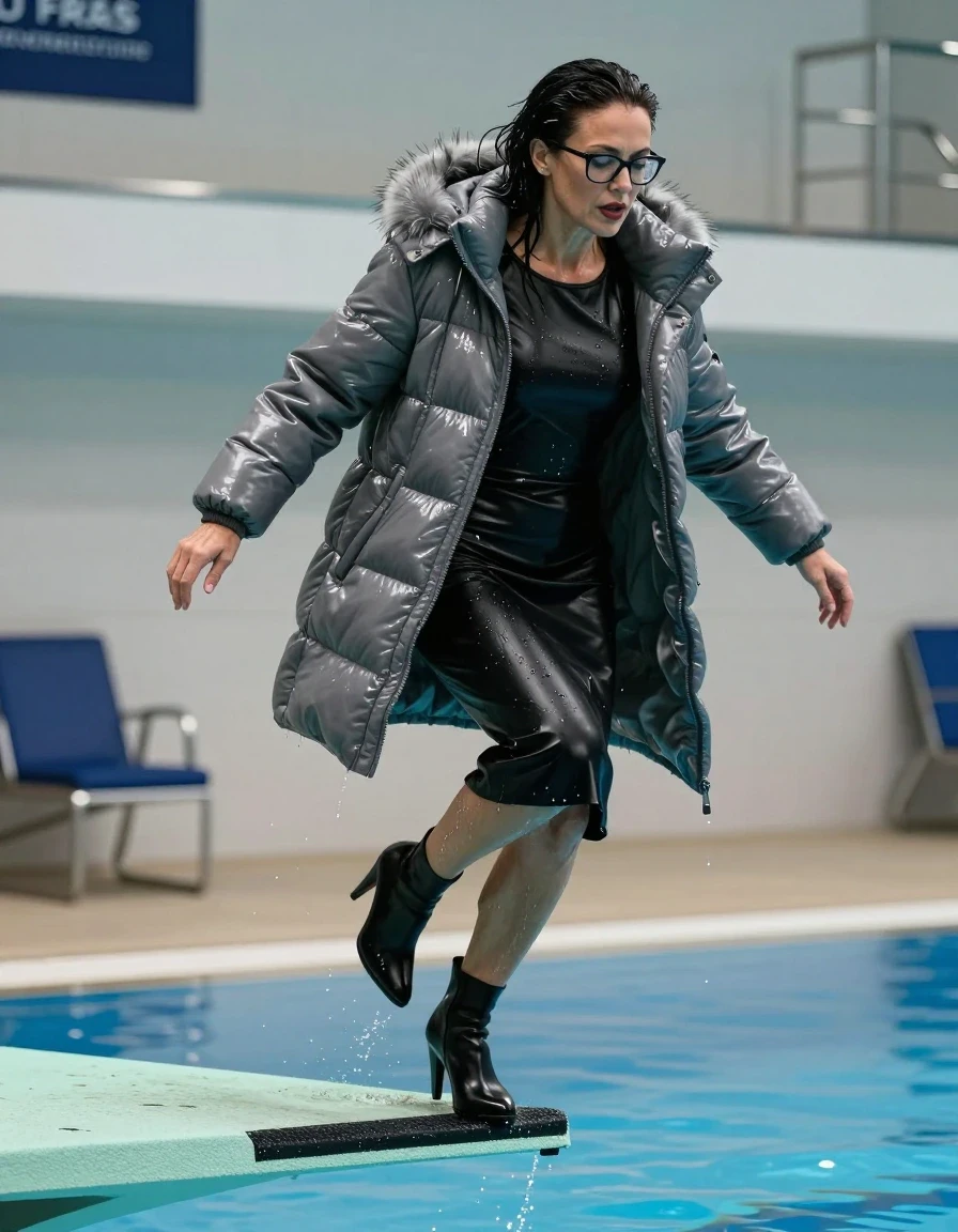 photo of young woman, in soaking wet, drenched clothes,
high-heeled boots, midi large black leather dress with long sleeves, midi large black leather dress with long sleeves, maxi gray shiny down jacket with fur, jumping from the diving board into the water of the indoor pool, 
enjoying, wet clothes stuck to body,
detailed textures of the wet clothes, wet face, wet plastered hair,
wet, drenched, professional, high-quality details, full body view.
sharp focus, ultra-high pixel detail, realistic, high-quality, full colors, incredibly detailed, 4k, 8k, 16k, hyper-realistic, RAW photo, masterpiece, ultra-detailed, professionally color graded, professional photograph, europen brunette skinny woman 50 years old, long dark black hair, office glasses, very big and thick lips, complete body, wet skin, wet clothes, damp fabric, wet skin, wet clothes, damp fabric, wet skin, wet clothes, damp fabric, wet skin, wet clothes, damp fabric, wet skin, wet clothes, damp fabric, wet skin, wet clothes, damp fabric, wet skin, wet clothes, damp fabric