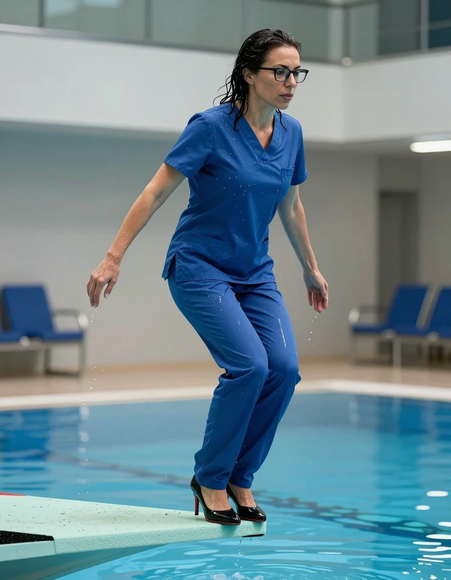 photo of young woman, in soaking wet, drenched clothes,
high-heeled shoes, tight blue scrubs, tight blue scrubs, jumping from the diving board into the water of the indoor pool, 
enjoying, wet clothes stuck to body,
detailed textures of the wet clothes, wet face, wet plastered hair,
wet, drenched, professional, high-quality details, full body view.
sharp focus, ultra-high pixel detail, realistic, high-quality, full colors, incredibly detailed, 4k, 8k, 16k, hyper-realistic, RAW photo, masterpiece, ultra-detailed, professionally color graded, professional photograph, europen brunette skinny woman 50 years old, long dark black hair, office glasses, very big and thick lips, complete body, wet skin, wet clothes, damp fabric, wet skin, wet clothes, damp fabric, wet skin, wet clothes, damp fabric, wet skin, wet clothes, damp fabric, wet skin, wet clothes, damp fabric, wet skin, wet clothes, damp fabric, wet skin, wet clothes, damp fabric