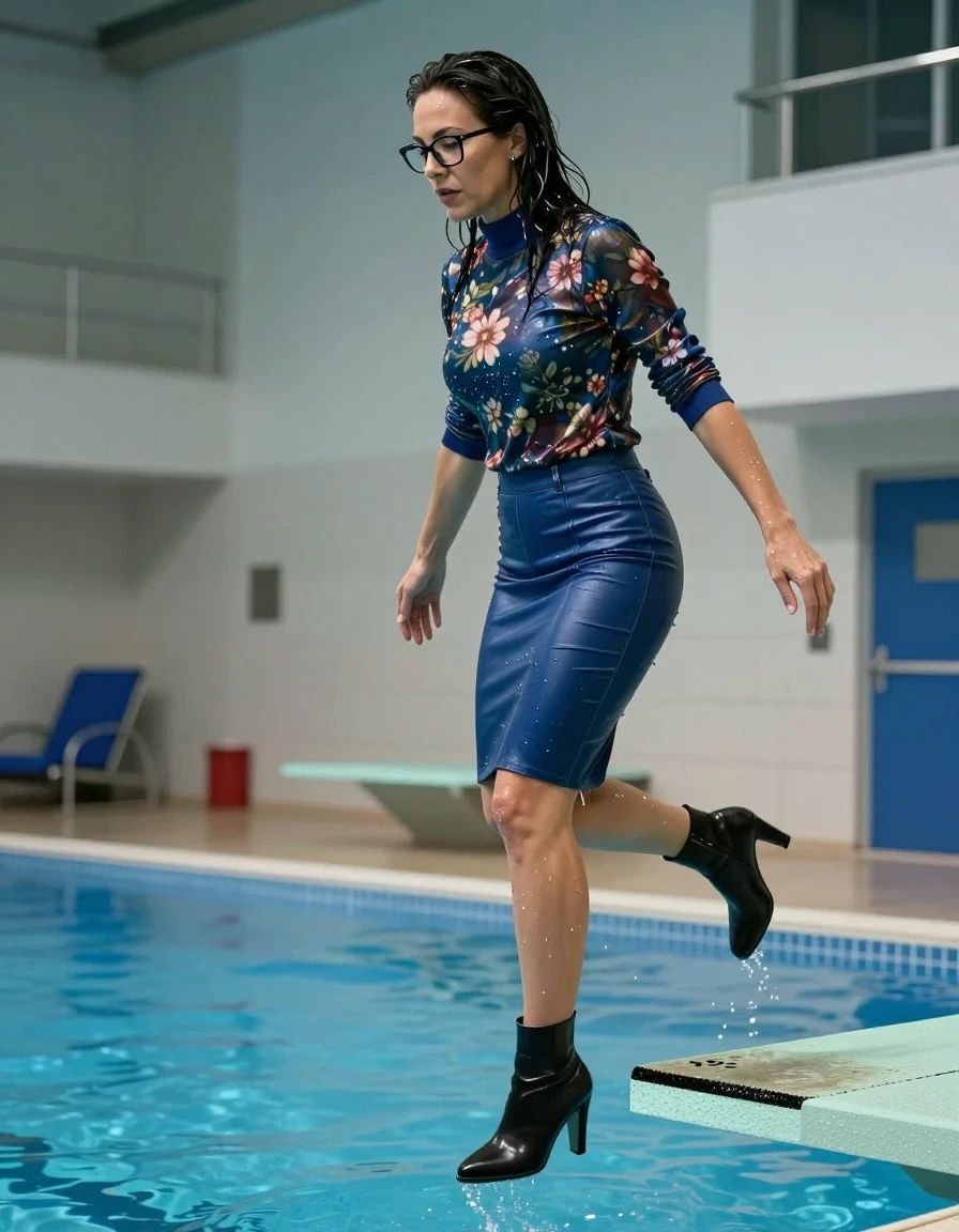 photo of young woman, in soaking wet, drenched clothes,
high-heeled black boots, pencil midi blue denim leather skirt, high-neck shiny floral sweater, jumping from the diving board into the water of the indoor pool, 
enjoying, wet clothes stuck to body,
detailed textures of the wet clothes, wet face, wet plastered hair,
wet, drenched, professional, high-quality details, full body view.
sharp focus, ultra-high pixel detail, realistic, high-quality, full colors, incredibly detailed, 4k, 8k, 16k, hyper-realistic, RAW photo, masterpiece, ultra-detailed, professionally color graded, professional photograph, europen brunette skinny woman 50 years old, long dark black hair, office glasses, very big and thick lips, complete body, wet skin, wet clothes, damp fabric, wet skin, wet clothes, damp fabric, wet skin, wet clothes, damp fabric, wet skin, wet clothes, damp fabric, wet skin, wet clothes, damp fabric, wet skin, wet clothes, damp fabric, wet skin, wet clothes, damp fabric