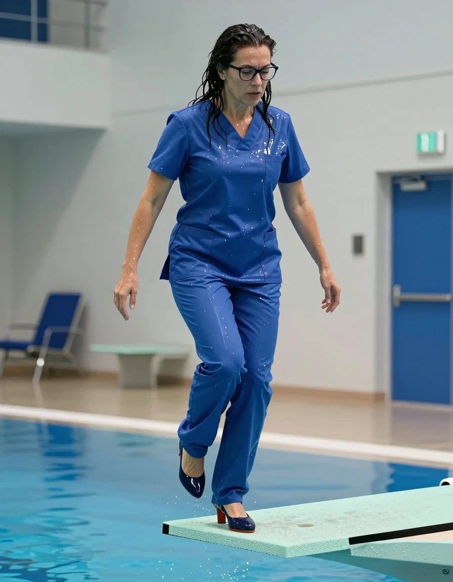 photo of young woman, in soaking wet, drenched clothes,
high-heeled shoes, tight blue shiny scrubs, tight blue shiny scrubs, jumping from the diving board into the water of the indoor pool, 
enjoying, wet clothes stuck to body,
detailed textures of the wet clothes, wet face, wet plastered hair,
wet, drenched, professional, high-quality details, full body view.
sharp focus, ultra-high pixel detail, realistic, high-quality, full colors, incredibly detailed, 4k, 8k, 16k, hyper-realistic, RAW photo, masterpiece, ultra-detailed, professionally color graded, professional photograph, europen brunette skinny woman 50 years old, long dark black hair, office glasses, very big and thick lips, complete body, wet skin, wet clothes, damp fabric, wet skin, wet clothes, damp fabric, wet skin, wet clothes, damp fabric, wet skin, wet clothes, damp fabric, wet skin, wet clothes, damp fabric, wet skin, wet clothes, damp fabric, wet skin, wet clothes, damp fabric