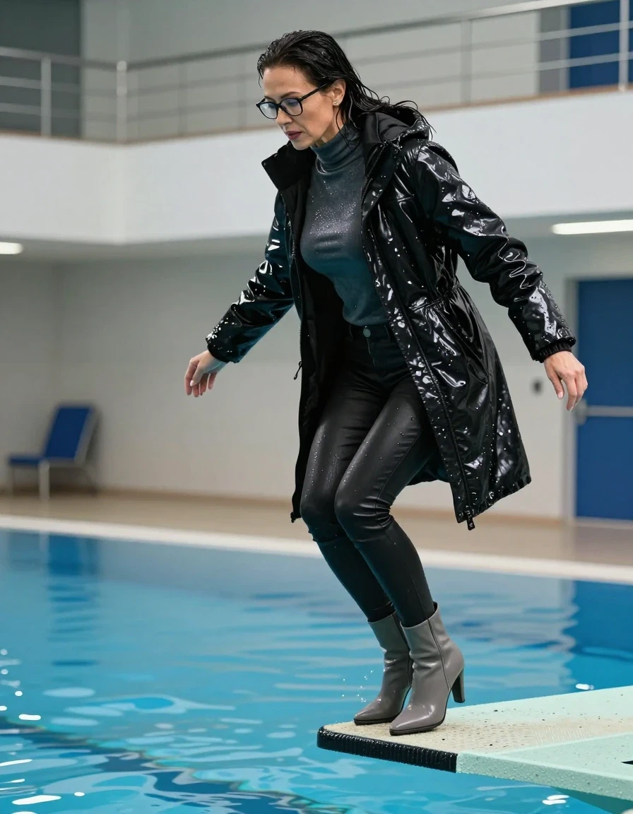 photo of young woman, in soaking wet, drenched clothes,
high-heeled gray boots, long black leather jeans, high-neck shiny sweater, maxi black shiny winter jacket, jumping from the diving board into the water of the indoor pool, 
enjoying, wet clothes stuck to body,
detailed textures of the wet clothes, wet face, wet plastered hair,
wet, drenched, professional, high-quality details, full body view.
sharp focus, ultra-high pixel detail, realistic, high-quality, full colors, incredibly detailed, 4k, 8k, 16k, hyper-realistic, RAW photo, masterpiece, ultra-detailed, professionally color graded, professional photograph, europen brunette skinny woman 50 years old, long dark black hair, office glasses, very big and thick lips, complete body, wet skin, wet clothes, damp fabric, wet skin, wet clothes, damp fabric, wet skin, wet clothes, damp fabric, wet skin, wet clothes, damp fabric, wet skin, wet clothes, damp fabric, wet skin, wet clothes, damp fabric, wet skin, wet clothes, damp fabric