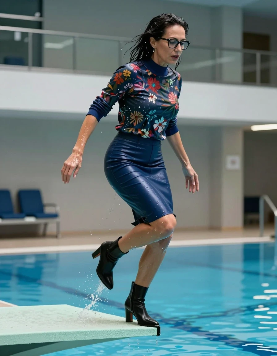 photo of young woman, in soaking wet, drenched clothes,
high-heeled black boots, pencil midi blue denim leather skirt, high-neck shiny floral sweater, jumping from the diving board into the water of the indoor pool, 
enjoying, wet clothes stuck to body,
detailed textures of the wet clothes, wet face, wet plastered hair,
wet, drenched, professional, high-quality details, full body view.
sharp focus, ultra-high pixel detail, realistic, high-quality, full colors, incredibly detailed, 4k, 8k, 16k, hyper-realistic, RAW photo, masterpiece, ultra-detailed, professionally color graded, professional photograph, europen brunette skinny woman 50 years old, long dark black hair, office glasses, very big and thick lips, complete body, wet skin, wet clothes, damp fabric, wet skin, wet clothes, damp fabric, wet skin, wet clothes, damp fabric, wet skin, wet clothes, damp fabric, wet skin, wet clothes, damp fabric, wet skin, wet clothes, damp fabric, wet skin, wet clothes, damp fabric