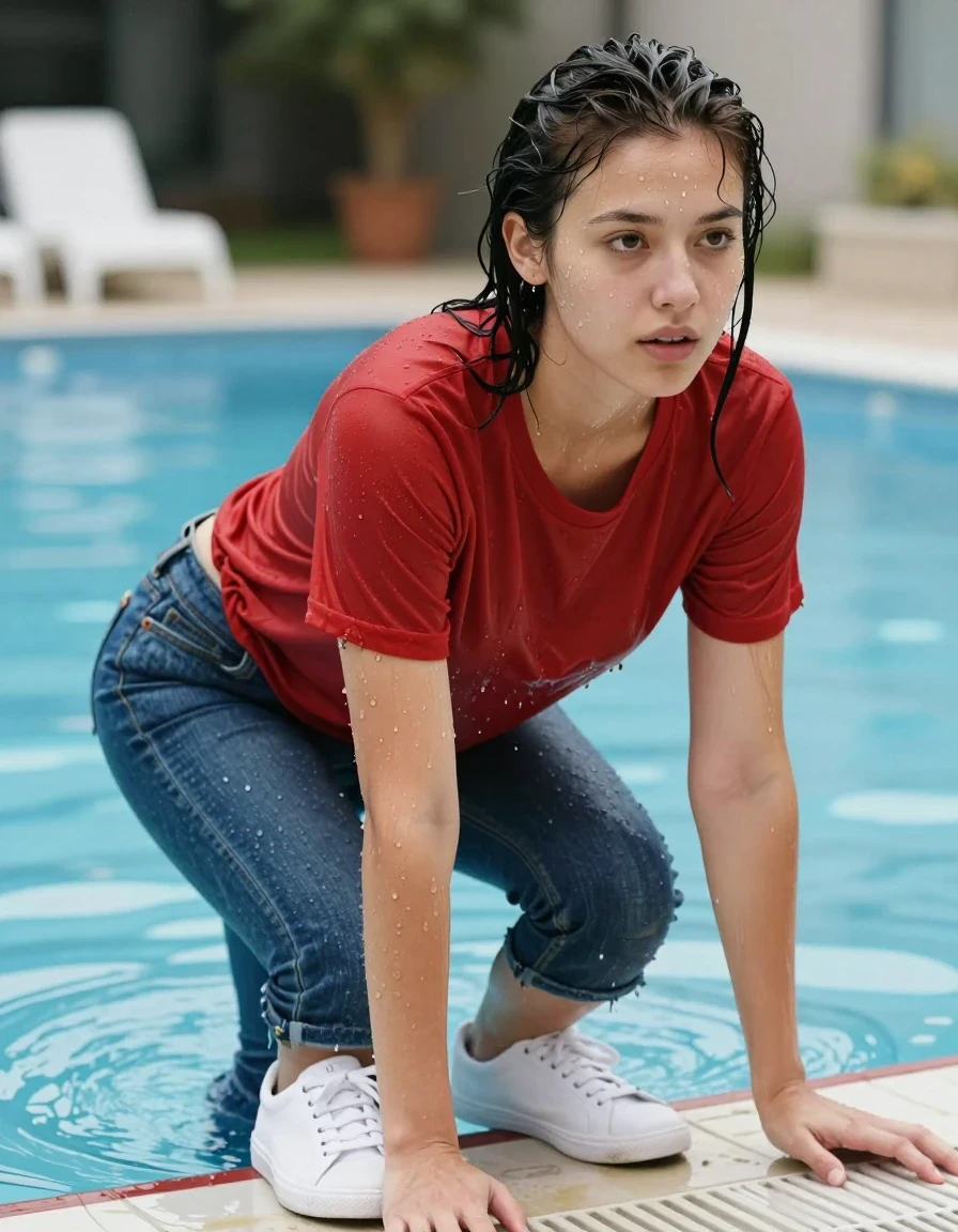 photo of young woman, in soaking wet, drenched clothes,
white trainers, blue jeans on the hips, red t shirt, pool, 
enjoying, wet clothes stuck to body,
detailed textures of the wet clothes, wet face, wet plastered hair,
wet, drenched, professional, high-quality details, full body view.
sharp focus, ultra-high pixel detail, realistic, high-quality, full colors, incredibly detailed, 4k, 8k, 16k, hyper-realistic, RAW photo, masterpiece, ultra-detailed, professionally color graded, professional photograph, wet skin, wet clothes, damp fabric
