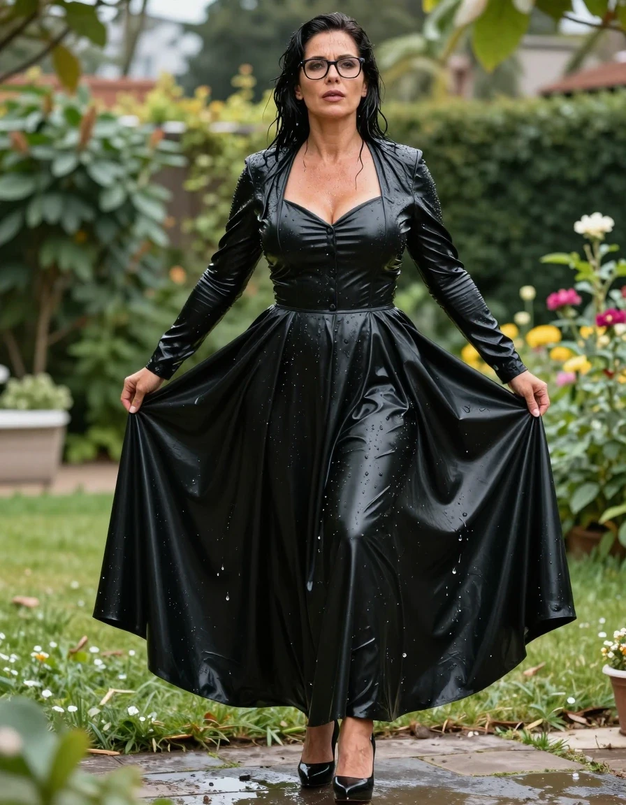photo of young woman, in soaking wet, drenched clothes,
high-heeled shoes, maxi large black latex dress, maxi large black latex dress, black plastik cardigan, in sunny garden, 
enjoying, wet clothes stuck to body,
detailed textures of the wet clothes, wet face, wet plastered hair,
wet, drenched, professional, high-quality details, full body view.
sharp focus, ultra-high pixel detail, realistic, high-quality, full colors, incredibly detailed, 4k, 8k, 16k, hyper-realistic, RAW photo, masterpiece, ultra-detailed, professionally color graded, professional photograph, europen brunette skinny woman 50 years old, long dark black hair, office glasses, very big and thick lips, complete body, wet skin, wet clothes, damp fabric, wet skin, wet clothes, damp fabric, wet skin, wet clothes, damp fabric, wet skin, wet clothes, damp fabric, wet skin, wet clothes, damp fabric, wet skin, wet clothes, damp fabric, wet skin, wet clothes, damp fabric
