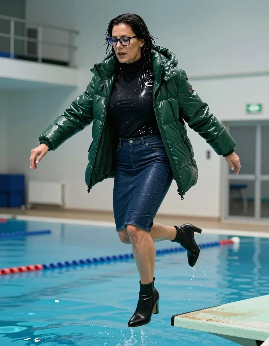photo of young woman, in soaking wet, drenched clothes,
high-heeled black boots, pencil midi dark blue denim leather skirt, high-neck shiny black sweater, maxi derk green shiny winter down jacket, jumping from the diving board into the water of the indoor pool, 
enjoying, wet clothes stuck to body,
detailed textures of the wet clothes, wet face, wet plastered hair,
wet, drenched, professional, high-quality details, full body view.
sharp focus, ultra-high pixel detail, realistic, high-quality, full colors, incredibly detailed, 4k, 8k, 16k, hyper-realistic, RAW photo, masterpiece, ultra-detailed, professionally color graded, professional photograph, europen brunette skinny woman 50 years old, long dark black hair, office glasses, very big and thick lips, complete body, wet skin, wet clothes, damp fabric, wet skin, wet clothes, damp fabric, wet skin, wet clothes, damp fabric, wet skin, wet clothes, damp fabric, wet skin, wet clothes, damp fabric, wet skin, wet clothes, damp fabric, wet skin, wet clothes, damp fabric
