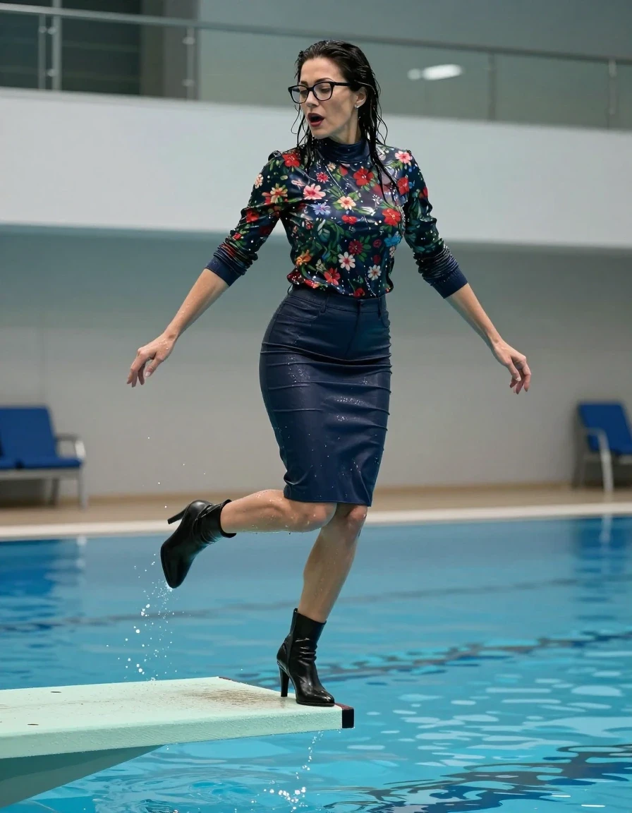 photo of young woman, in soaking wet, drenched clothes,
high-heeled black boots, pencil midi dark blue denim leather skirt, high-neck shiny floral sweater, jumping from the diving board into the water of the indoor pool, 
enjoying, wet clothes stuck to body,
detailed textures of the wet clothes, wet face, wet plastered hair,
wet, drenched, professional, high-quality details, full body view.
sharp focus, ultra-high pixel detail, realistic, high-quality, full colors, incredibly detailed, 4k, 8k, 16k, hyper-realistic, RAW photo, masterpiece, ultra-detailed, professionally color graded, professional photograph, europen brunette skinny woman 50 years old, long dark black hair, office glasses, very big and thick lips, complete body, wet skin, wet clothes, damp fabric, wet skin, wet clothes, damp fabric, wet skin, wet clothes, damp fabric, wet skin, wet clothes, damp fabric, wet skin, wet clothes, damp fabric, wet skin, wet clothes, damp fabric, wet skin, wet clothes, damp fabric