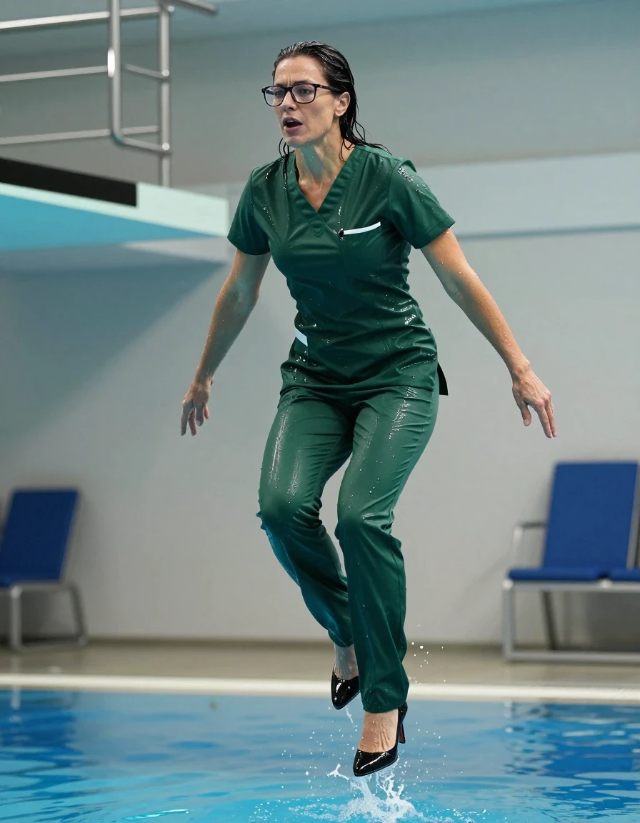 photo of young woman, in soaking wet, drenched clothes,
high-heeled shoes, tight dark green shiny scrubs, tight dark green shiny scrubs, jumping from the diving board into the water of the indoor pool, 
enjoying, wet clothes stuck to body,
detailed textures of the wet clothes, wet face, wet plastered hair,
wet, drenched, professional, high-quality details, full body view.
sharp focus, ultra-high pixel detail, realistic, high-quality, full colors, incredibly detailed, 4k, 8k, 16k, hyper-realistic, RAW photo, masterpiece, ultra-detailed, professionally color graded, professional photograph, europen brunette skinny woman 50 years old, long dark black hair, office glasses, very big and thick lips, complete body, wet skin, wet clothes, damp fabric, wet skin, wet clothes, damp fabric, wet skin, wet clothes, damp fabric, wet skin, wet clothes, damp fabric, wet skin, wet clothes, damp fabric, wet skin, wet clothes, damp fabric, wet skin, wet clothes, damp fabric