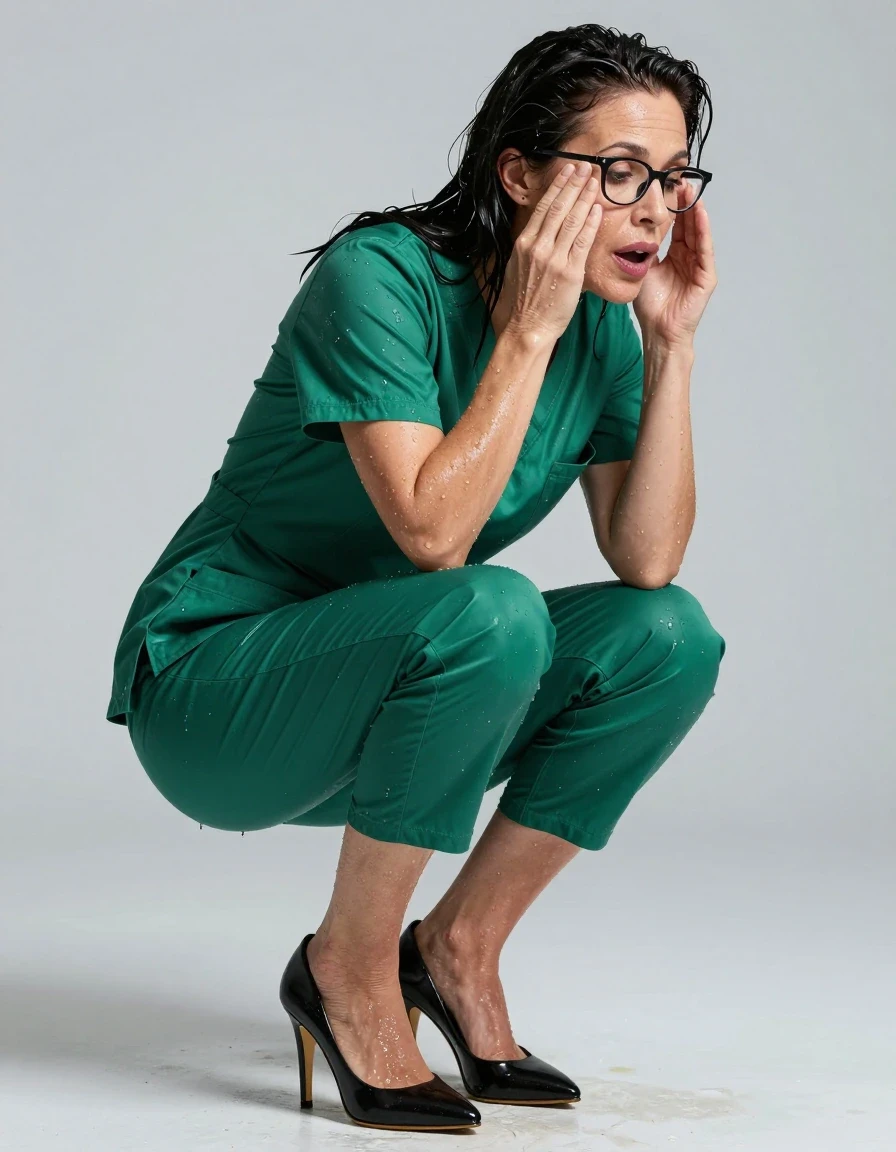 photo of young woman, in soaking wet, drenched clothes,
high-heeled shoes, tight green shiny scrubs dress, tight green shiny scrubs dress, after diving , 
enjoying, wet clothes stuck to body,
detailed textures of the wet clothes, wet face, wet plastered hair,
wet, drenched, professional, high-quality details, full body view.
sharp focus, ultra-high pixel detail, realistic, high-quality, full colors, incredibly detailed, 4k, 8k, 16k, hyper-realistic, RAW photo, masterpiece, ultra-detailed, professionally color graded, professional photograph, europen brunette skinny woman 50 years old, long dark black hair, office glasses, very big and thick lips, complete body, wet skin, wet clothes, damp fabric, wet skin, wet clothes, damp fabric, wet skin, wet clothes, damp fabric, wet skin, wet clothes, damp fabric, wet skin, wet clothes, damp fabric, wet skin, wet clothes, damp fabric, wet skin, wet clothes, damp fabric