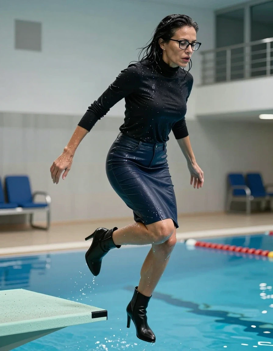 photo of young woman, in soaking wet, drenched clothes,
high-heeled black boots, pencil midi dark blue denim leather skirt, high-neck shiny black sweater, jumping from the diving board into the water of the indoor pool, 
enjoying, wet clothes stuck to body,
detailed textures of the wet clothes, wet face, wet plastered hair,
wet, drenched, professional, high-quality details, full body view.
sharp focus, ultra-high pixel detail, realistic, high-quality, full colors, incredibly detailed, 4k, 8k, 16k, hyper-realistic, RAW photo, masterpiece, ultra-detailed, professionally color graded, professional photograph, europen brunette skinny woman 50 years old, long dark black hair, office glasses, very big and thick lips, complete body, wet skin, wet clothes, damp fabric, wet skin, wet clothes, damp fabric, wet skin, wet clothes, damp fabric, wet skin, wet clothes, damp fabric, wet skin, wet clothes, damp fabric, wet skin, wet clothes, damp fabric, wet skin, wet clothes, damp fabric