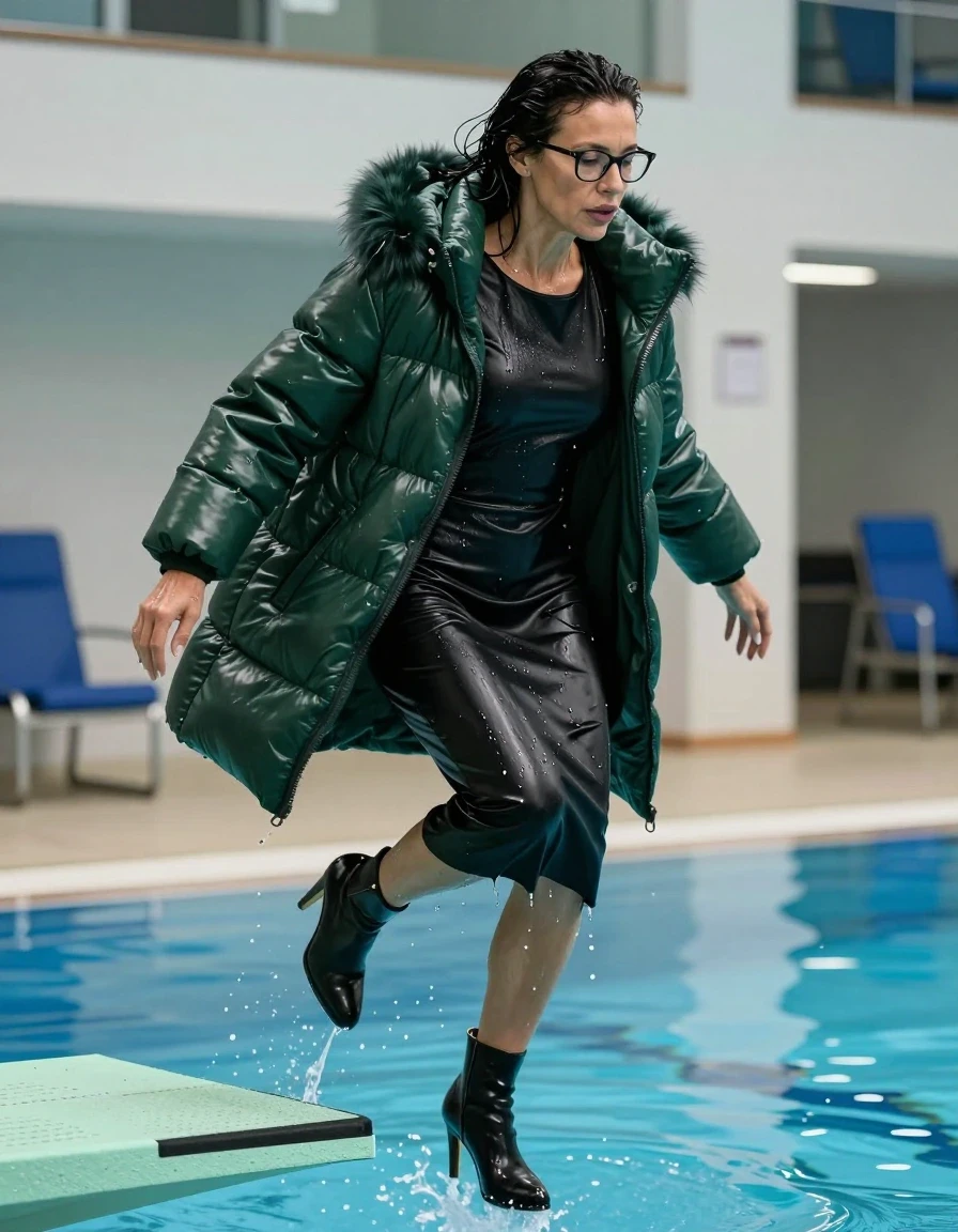 photo of young woman, in soaking wet, drenched clothes,
high-heeled boots, midi large black leather dress with long sleeves, midi large black leather dress with long sleeves, maxi dark green shiny down jacket with fur, jumping from the diving board into the water of the indoor pool, 
enjoying, wet clothes stuck to body,
detailed textures of the wet clothes, wet face, wet plastered hair,
wet, drenched, professional, high-quality details, full body view.
sharp focus, ultra-high pixel detail, realistic, high-quality, full colors, incredibly detailed, 4k, 8k, 16k, hyper-realistic, RAW photo, masterpiece, ultra-detailed, professionally color graded, professional photograph, europen brunette skinny woman 50 years old, long dark black hair, office glasses, very big and thick lips, complete body, wet skin, wet clothes, damp fabric, wet skin, wet clothes, damp fabric, wet skin, wet clothes, damp fabric, wet skin, wet clothes, damp fabric, wet skin, wet clothes, damp fabric, wet skin, wet clothes, damp fabric, wet skin, wet clothes, damp fabric