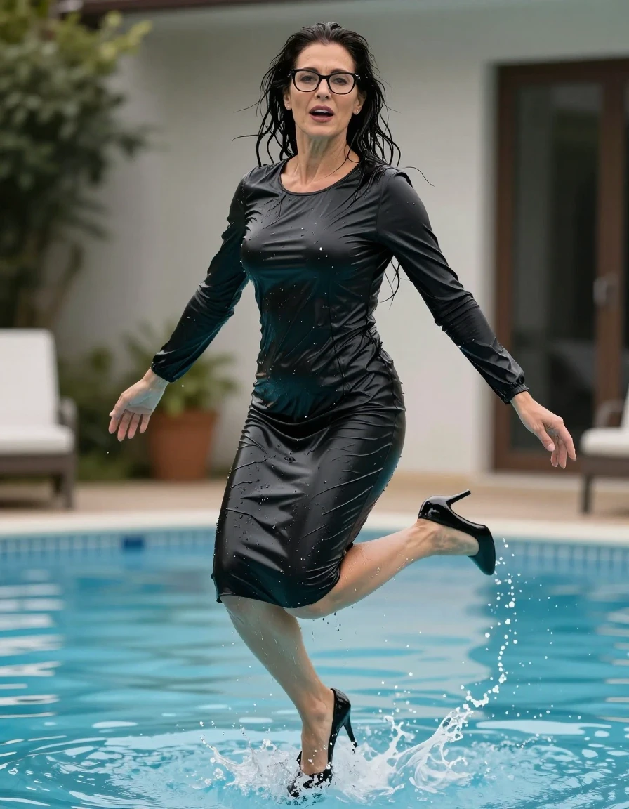 photo of young woman, in soaking wet, drenched clothes,
high-heeled shoes, midi large black plastic dress with long sleeves, midi large black plastic dress with long sleeves, jump in pool, 
enjoying, wet clothes stuck to body,
detailed textures of the wet clothes, wet face, wet plastered hair,
wet, drenched, professional, high-quality details, full body view.
sharp focus, ultra-high pixel detail, realistic, high-quality, full colors, incredibly detailed, 4k, 8k, 16k, hyper-realistic, RAW photo, masterpiece, ultra-detailed, professionally color graded, professional photograph, europen brunette skinny woman 50 years old, long dark black hair, office glasses, very big and thick lips, complete body, wet skin, wet clothes, damp fabric, wet skin, wet clothes, damp fabric, wet skin, wet clothes, damp fabric, wet skin, wet clothes, damp fabric, wet skin, wet clothes, damp fabric, wet skin, wet clothes, damp fabric, wet skin, wet clothes, damp fabric