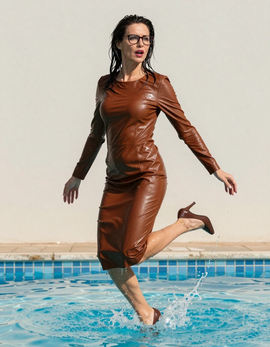 photo of young woman, in soaking wet, drenched clothes,
high-heeled shoes, midi large brown leather dress with long sleeves, midi large brown leather dress with long sleeves, jump in pool, 
enjoying, wet clothes stuck to body,
detailed textures of the wet clothes, wet face, wet plastered hair,
wet, drenched, professional, high-quality details, full body view.
sharp focus, ultra-high pixel detail, realistic, high-quality, full colors, incredibly detailed, 4k, 8k, 16k, hyper-realistic, RAW photo, masterpiece, ultra-detailed, professionally color graded, professional photograph, europen brunette skinny woman 50 years old, long dark black hair, office glasses, very big and thick lips, complete body, wet skin, wet clothes, damp fabric, wet skin, wet clothes, damp fabric, wet skin, wet clothes, damp fabric, wet skin, wet clothes, damp fabric, wet skin, wet clothes, damp fabric, wet skin, wet clothes, damp fabric, wet skin, wet clothes, damp fabric