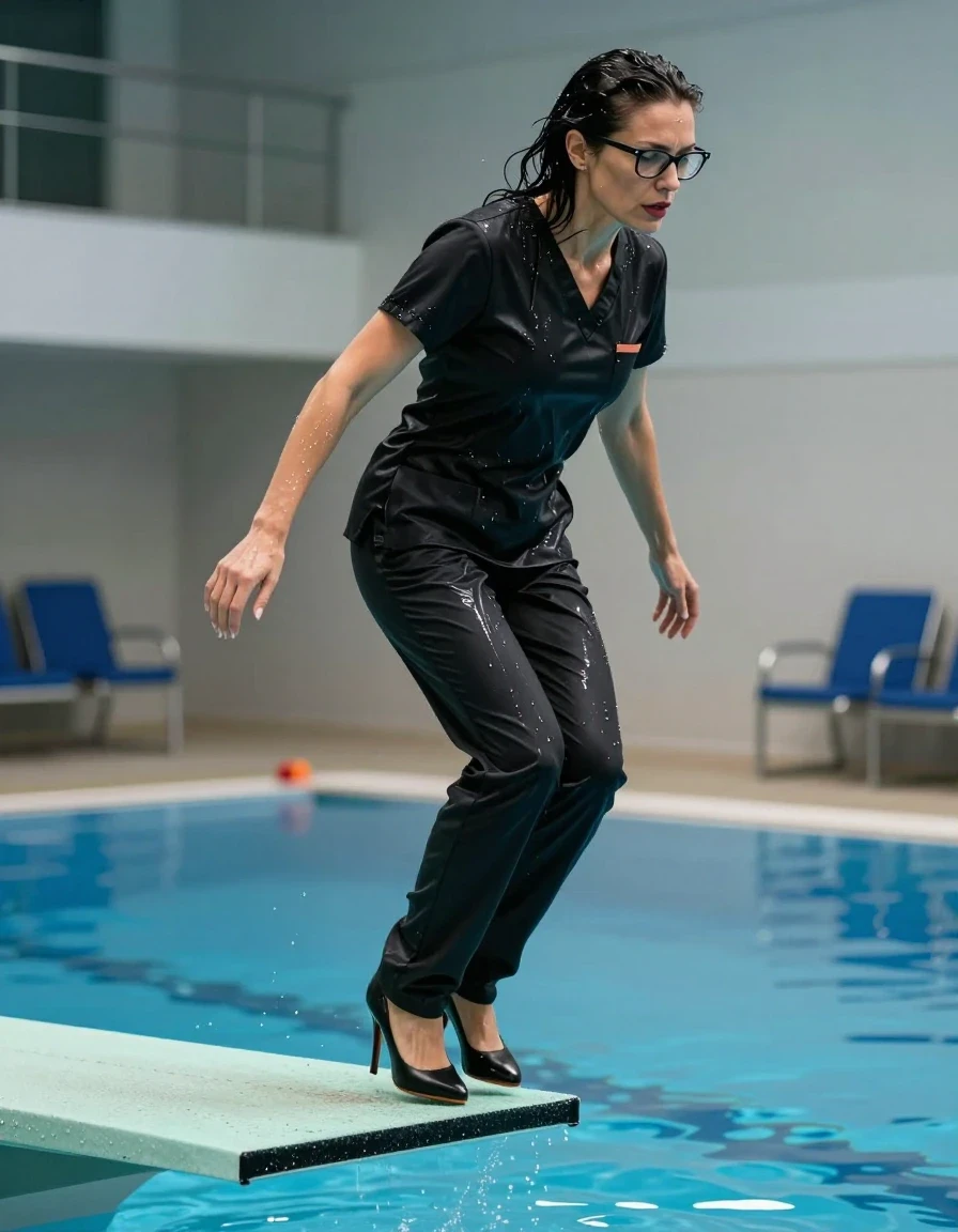 photo of young woman, in soaking wet, drenched clothes,
high-heeled shoes, tight black shiny scrubs, tight black shiny scrubs, jumping from the diving board into the water of the indoor pool, 
enjoying, wet clothes stuck to body,
detailed textures of the wet clothes, wet face, wet plastered hair,
wet, drenched, professional, high-quality details, full body view.
sharp focus, ultra-high pixel detail, realistic, high-quality, full colors, incredibly detailed, 4k, 8k, 16k, hyper-realistic, RAW photo, masterpiece, ultra-detailed, professionally color graded, professional photograph, europen brunette skinny woman 50 years old, long dark black hair, office glasses, very big and thick lips, complete body, wet skin, wet clothes, damp fabric, wet skin, wet clothes, damp fabric, wet skin, wet clothes, damp fabric, wet skin, wet clothes, damp fabric, wet skin, wet clothes, damp fabric, wet skin, wet clothes, damp fabric, wet skin, wet clothes, damp fabric