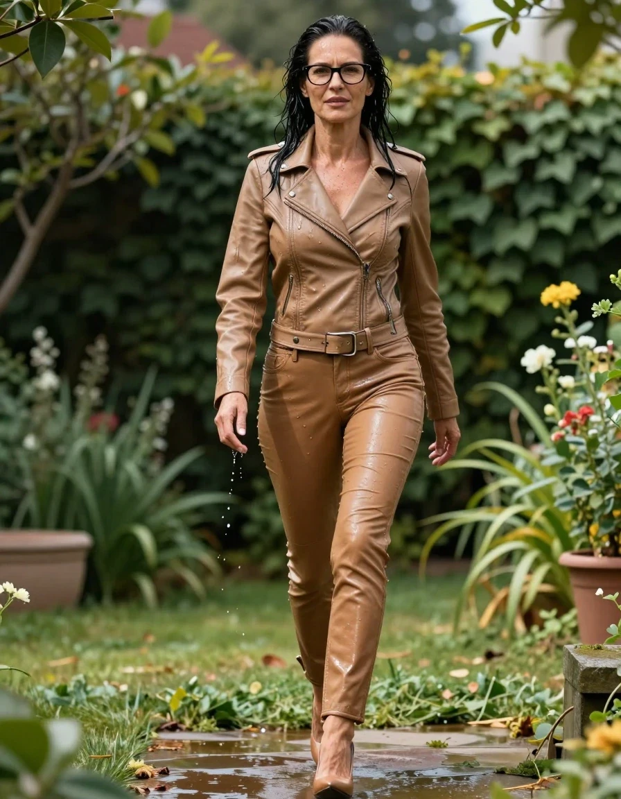 photo of young woman, in soaking wet, drenched clothes,
high-heeled shoes, long light brown leather jeans, light brown byker leather jacket, walking in sunny garden after bath, 
enjoying, wet clothes stuck to body,
detailed textures of the wet clothes, wet face, wet plastered hair,
wet, drenched, professional, high-quality details, full body view.
sharp focus, ultra-high pixel detail, realistic, high-quality, full colors, incredibly detailed, 4k, 8k, 16k, hyper-realistic, RAW photo, masterpiece, ultra-detailed, professionally color graded, professional photograph, europen brunette skinny woman 50 years old, long dark black hair, office glasses, very big and thick lips, complete body, wet skin, wet clothes, damp fabric, wet skin, wet clothes, damp fabric, wet skin, wet clothes, damp fabric, wet skin, wet clothes, damp fabric, wet skin, wet clothes, damp fabric, wet skin, wet clothes, damp fabric, wet skin, wet clothes, damp fabric