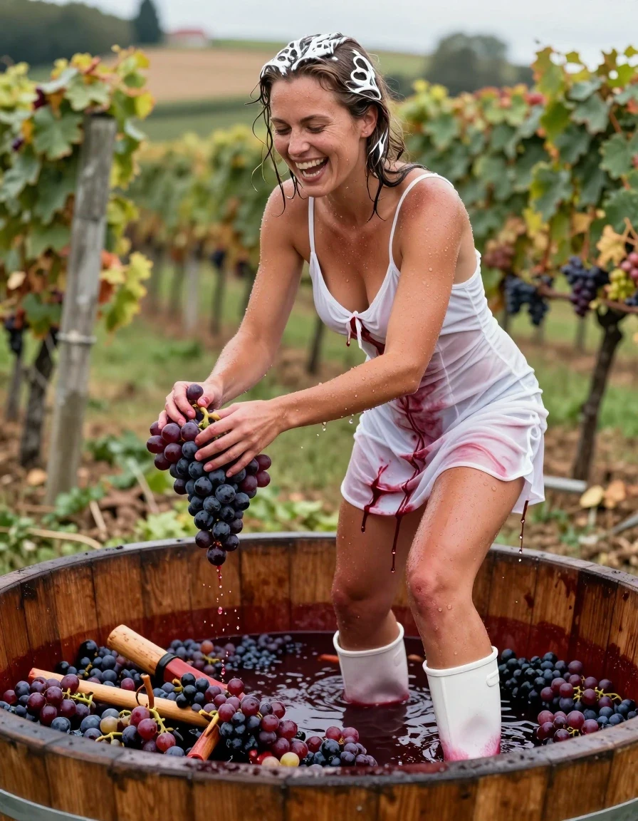 photo of young woman, in soaking wet, drenched clothes,
white rubber boots, white thong, white coctail dress, no bra, large, open wooden vat filled with crushed grapes. vineyards in Background, 
enjoying, wet clothes stuck to body,
detailed textures of the wet clothes, wet face, wet plastered hair,
wet, drenched, professional, high-quality details, full body view.
sharp focus, ultra-high pixel detail, realistic, high-quality, full colors, incredibly detailed, 4k, 8k, 16k, hyper-realistic, RAW photo, masterpiece, ultra-detailed, professionally color graded, professional photograph, a 25 year old nordic woman is treading harvested red grapes in a large wooden vat during the grape harvest. Her white dress is completely stained with red grape juice. The garment is thoroughly soaked and clings to her body. The woman is laughing heartily.A woman is treading harvested red grapes in a large wooden vat during the grape harvest. Her white dress is completely stained with red grape juice. The garment is thoroughly soaked and clings to her body. Red wine runs down her dress and over her body. The woman is laughing heartily. wet skin, wet clothes, damp fabric, wet skin, wet clothes, damp fabric