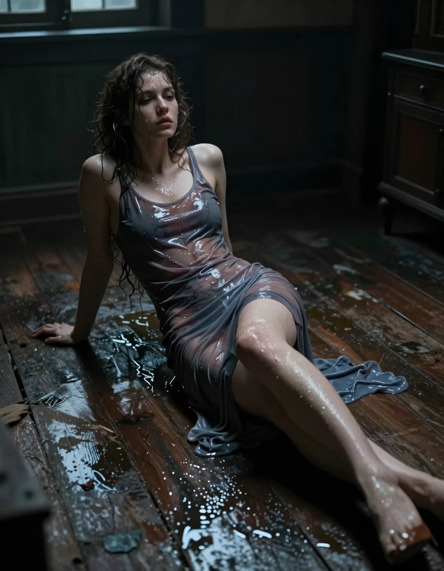 A photorealistic, high-detail image of a young adult European woman with wavy medium-length hair, lying flat on the floor of a dark, ancient house. The woman is wearing a thin, soaking-wet tshirt slip and a tight skirt, with the fabric clinging to her body, dark and translucent from saturation, featuring heavy wet folds and a glossy, liquid sheen. She is wearing high heels, with her skin and hair appearing drenched and glistening with water. The environment is pitch dark, illuminated only by faint, moody night-time light that catches the wet textures and reflective surfaces. The scene captures a somber, cinematic atmosphere with sharp focus on the wet fabric textures, clinging silhouettes, and the damp, decaying floorboards of the ancient interior.