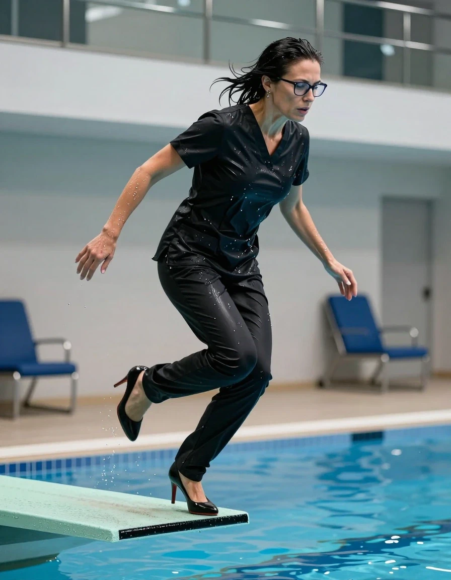 photo of young woman, in soaking wet, drenched clothes,
high-heeled shoes, tight black shiny scrubs, tight black shiny scrubs, jumping from the diving board into the water of the indoor pool, 
enjoying, wet clothes stuck to body,
detailed textures of the wet clothes, wet face, wet plastered hair,
wet, drenched, professional, high-quality details, full body view.
sharp focus, ultra-high pixel detail, realistic, high-quality, full colors, incredibly detailed, 4k, 8k, 16k, hyper-realistic, RAW photo, masterpiece, ultra-detailed, professionally color graded, professional photograph, europen brunette skinny woman 50 years old, long dark black hair, office glasses, very big and thick lips, complete body, wet skin, wet clothes, damp fabric, wet skin, wet clothes, damp fabric, wet skin, wet clothes, damp fabric, wet skin, wet clothes, damp fabric, wet skin, wet clothes, damp fabric, wet skin, wet clothes, damp fabric, wet skin, wet clothes, damp fabric