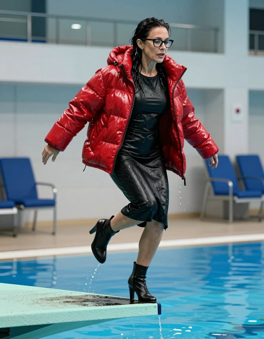 photo of young woman, in soaking wet, drenched clothes,
high-heeled boots, midi large black leather dress with long sleeves, midi large black leather dress with long sleeves, maxi red shiny down jacket, jumping from the diving board into the water of the indoor pool, 
enjoying, wet clothes stuck to body,
detailed textures of the wet clothes, wet face, wet plastered hair,
wet, drenched, professional, high-quality details, full body view.
sharp focus, ultra-high pixel detail, realistic, high-quality, full colors, incredibly detailed, 4k, 8k, 16k, hyper-realistic, RAW photo, masterpiece, ultra-detailed, professionally color graded, professional photograph, europen brunette skinny woman 50 years old, long dark black hair, office glasses, very big and thick lips, complete body, wet skin, wet clothes, damp fabric, wet skin, wet clothes, damp fabric, wet skin, wet clothes, damp fabric, wet skin, wet clothes, damp fabric, wet skin, wet clothes, damp fabric, wet skin, wet clothes, damp fabric, wet skin, wet clothes, damp fabric