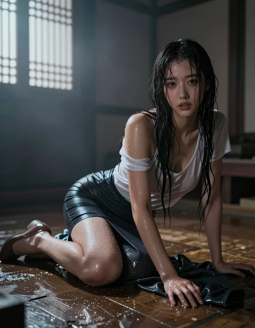photo of young woman, in soaking wet, drenched clothes,
heels, Tight polyester skirt, Tshirt Slip, Inside dark ancient korean house , 
enjoying, wet clothes stuck to body,
detailed textures of the wet clothes, wet face, wet plastered hair,
wet, drenched, professional, high-quality details, full body view.
sharp focus, ultra-high pixel detail, realistic, high-quality, full colors, incredibly detailed, 4k, 8k, 16k, hyper-realistic, RAW photo, masterpiece, ultra-detailed, professionally color graded, professional photograph, Wavy medium straight hair, lying flat down on floor , night, pitch dark, thick fog from window rays, wet skin, wet clothes, damp fabric, wet skin, wet clothes, damp fabric