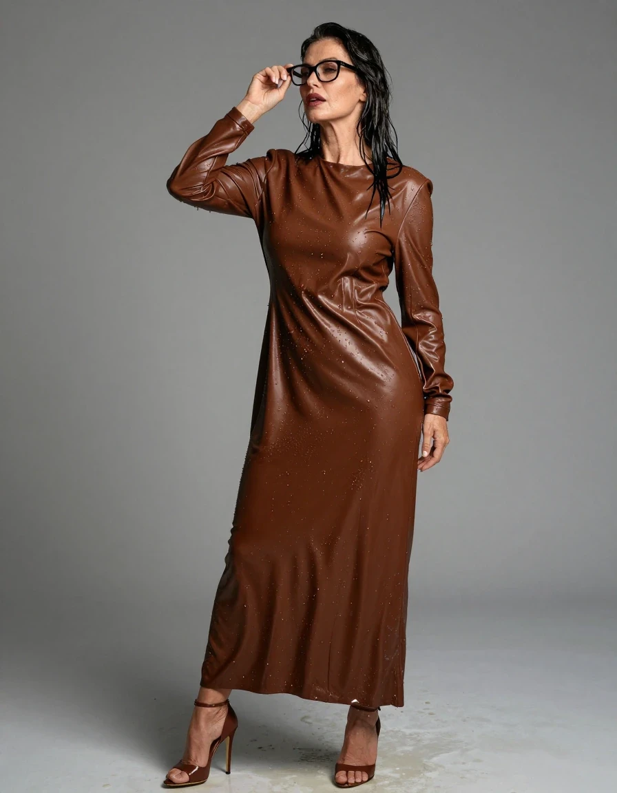 photo of young woman, in soaking wet, drenched clothes,
high-heeled shoes, maxi large brown leather dress with long sleeves, maxi large brown leather dress with long sleeves, after bath, 
enjoying, wet clothes stuck to body,
detailed textures of the wet clothes, wet face, wet plastered hair,
wet, drenched, professional, high-quality details, full body view.
sharp focus, ultra-high pixel detail, realistic, high-quality, full colors, incredibly detailed, 4k, 8k, 16k, hyper-realistic, RAW photo, masterpiece, ultra-detailed, professionally color graded, professional photograph, europen brunette skinny woman 50 years old, long dark black hair, office glasses, very big and thick lips, complete body, wet skin, wet clothes, damp fabric, wet skin, wet clothes, damp fabric, wet skin, wet clothes, damp fabric, wet skin, wet clothes, damp fabric, wet skin, wet clothes, damp fabric, wet skin, wet clothes, damp fabric, wet skin, wet clothes, damp fabric
