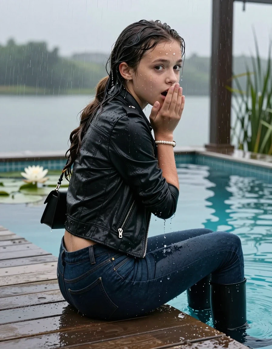 photo of young woman, in soaking wet, drenched clothes,
Black high boots, Dark blue levis skinny jeans, Black biker leatherjacket, Open jacket, tight v-neck sweater, shoulderbag, pearl necklace, bracelet, wristwatch, Orgasm in jetty by the lake with water lilies and reeds, 
enjoying, wet clothes stuck to body,
detailed textures of the wet clothes, wet face, wet plastered hair,
wet, drenched, professional, high-quality details, full body view.
sharp focus, ultra-high pixel detail, realistic, high-quality, full colors, incredibly detailed, 4k, 8k, 16k, hyper-realistic, RAW photo, masterpiece, ultra-detailed, professionally color graded, professional photograph, A realistic vertical fashion photograph taken from a backward, behind-the-back angle of a 12-year-old teenage girl sitting  in a glass-walled outdoor swimming pool, facing down to the camera to show her back. She is tilting her head at camera, letting the water drench her hair so it is glued flat against her head and body. She has a long sleek ponytail, completely saturated and dripping wet hair, with water cascading down her face and neck. Afraid and astonished Expression. Hold her hands over her mouth. Closed mouth, big eyes. The lighting is bright and cinematic, highlighting the glistening water droplets on her skin and the saturated texture of her  casual clothes. Outside the large glass wall of the pool building, heavy rain is visible falling against the window. Soft, moody indoor lighting with reflections on the water. High-quality fashion photography style.
her clothing is soaking wet and clinging tightly to her skin, showing heavy wet folds, darkened fabric texture, and deep water-saturated Patches, her clothes are heavy from the water, water runs from her body and her clothes in streams. A lot of water also runs out of her clothes. Her clothes are darkened by the water. 
hyper-realistic wetness, high-contrast water sheen, sharp focus, 16k resolution, professional photography, realistic water physics., wet skin, wet clothes, damp fabric, wet skin, wet clothes, damp fabric, wet skin, wet clothes, damp fabric, wet skin, wet clothes, damp fabric, wet skin, wet clothes, damp fabric, wet skin, wet clothes, damp fabric, wet skin, wet clothes, damp fabric, wet skin, wet clothes, damp fabric, wet skin, wet clothes, damp fabric, wet skin, wet clothes, damp fabric, wet skin, wet clothes, damp fabric, wet skin, wet clothes, damp fabric, wet skin, wet clothes, damp fabric, wet skin, wet clothes, damp fabric, wet skin, wet clothes, damp fabric, wet skin, wet clothes, damp fabric, wet skin, wet clothes, damp fabric, wet skin, wet clothes, damp fabric, wet skin, wet clothes, damp fabric, wet skin, wet clothes, damp fabric, wet skin, wet clothes, damp fabric, wet skin, wet clothes, damp fabric, wet skin, wet clothes, damp fabric, wet skin, wet clothes, damp fabric