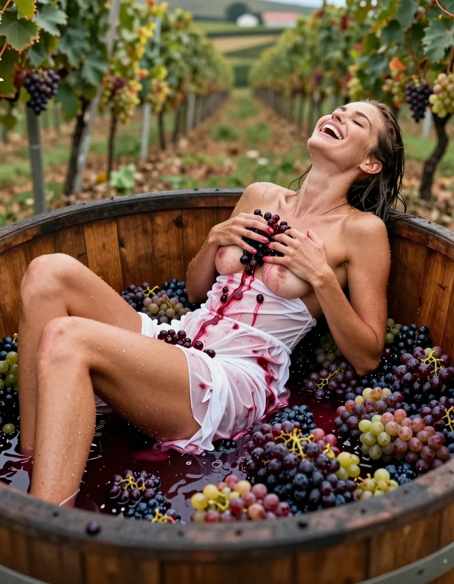 photo of young woman, in soaking wet, drenched clothes,
barefeed, white thong, white coctail dress, no bra, large, open wooden vat filled with crushed grapes. vineyards in Background, 
enjoying, wet clothes stuck to body,
detailed textures of the wet clothes, wet face, wet plastered hair,
wet, drenched, professional, high-quality details, full body view.
sharp focus, ultra-high pixel detail, realistic, high-quality, full colors, incredibly detailed, 4k, 8k, 16k, hyper-realistic, RAW photo, masterpiece, ultra-detailed, professionally color graded, professional photograph, a 25 year old nordic woman is laying on the back in a large wooden vat during the grape harvest. she is covered with the crushed grapes and drenched with grape juice. Her white dress is completely stained with red grape juice. The garment is thoroughly soaked with red grape juice and clings to her body. the girl presses smashed grapes onto her boobs wirh both hands. The grape juice runs out from between her fingers into the barrel. The woman is laughing heartily. wet skin, wet clothes, damp fabric, wet skin, wet clothes, damp fabric