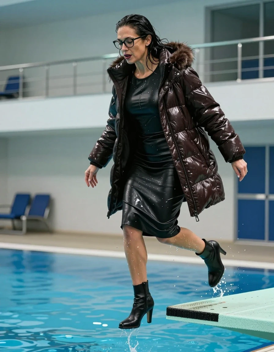 photo of young woman, in soaking wet, drenched clothes,
high-heeled boots, midi large black leather dress with long sleeves, midi large black leather dress with long sleeves, maxi dark brown shiny down jacket with fur, jumping from the diving board into the water of the indoor pool, 
enjoying, wet clothes stuck to body,
detailed textures of the wet clothes, wet face, wet plastered hair,
wet, drenched, professional, high-quality details, full body view.
sharp focus, ultra-high pixel detail, realistic, high-quality, full colors, incredibly detailed, 4k, 8k, 16k, hyper-realistic, RAW photo, masterpiece, ultra-detailed, professionally color graded, professional photograph, europen brunette skinny woman 50 years old, long dark black hair, office glasses, very big and thick lips, complete body, wet skin, wet clothes, damp fabric, wet skin, wet clothes, damp fabric, wet skin, wet clothes, damp fabric, wet skin, wet clothes, damp fabric, wet skin, wet clothes, damp fabric, wet skin, wet clothes, damp fabric, wet skin, wet clothes, damp fabric
