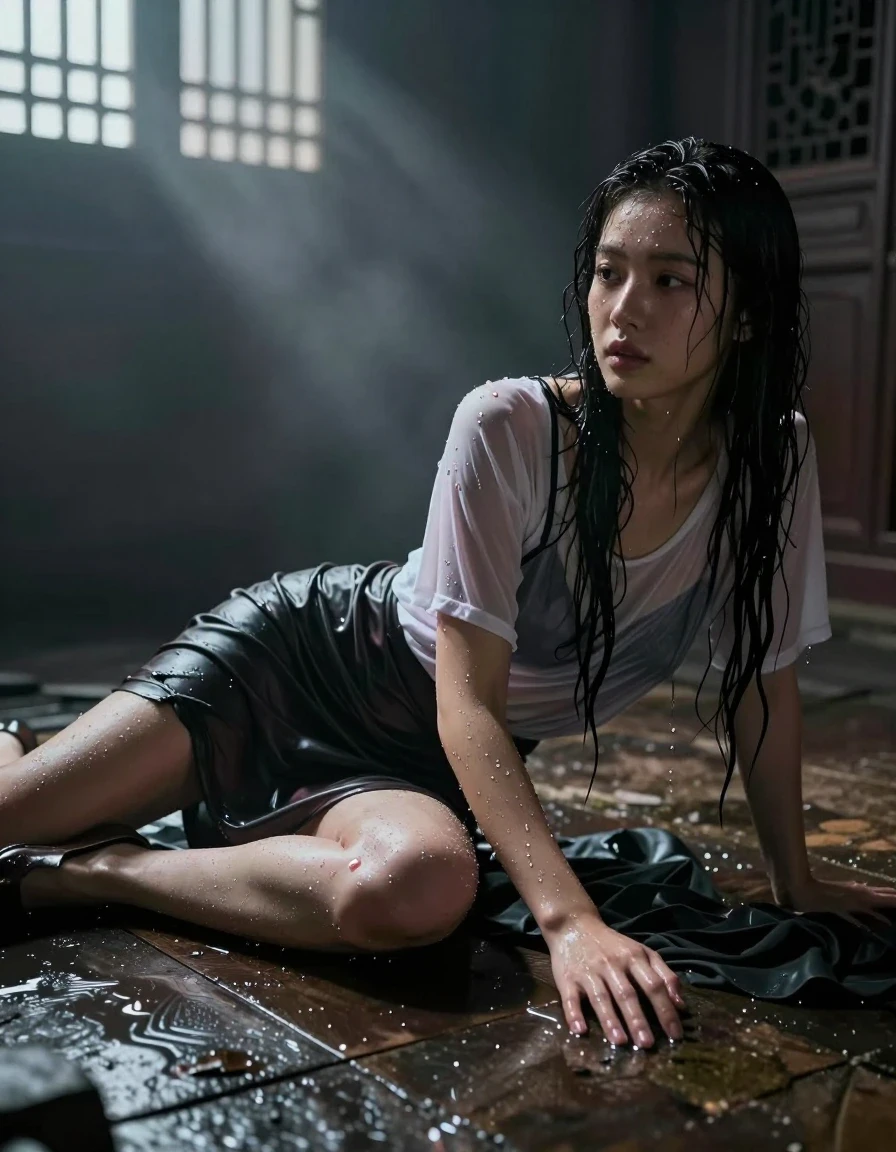 photo of young woman, in soaking wet, drenched clothes,
heels, Tight polyester skirt, Tshirt Slip, Inside dark ancient Asian house , 
enjoying, wet clothes stuck to body,
detailed textures of the wet clothes, wet face, wet plastered hair,
wet, drenched, professional, high-quality details, full body view.
sharp focus, ultra-high pixel detail, realistic, high-quality, full colors, incredibly detailed, 4k, 8k, 16k, hyper-realistic, RAW photo, masterpiece, ultra-detailed, professionally color graded, professional photograph, Wavy medium straight hair, lying flat down on floor , night, pitch dark, thick fog from window rays, wet skin, wet clothes, damp fabric, wet skin, wet clothes, damp fabric
