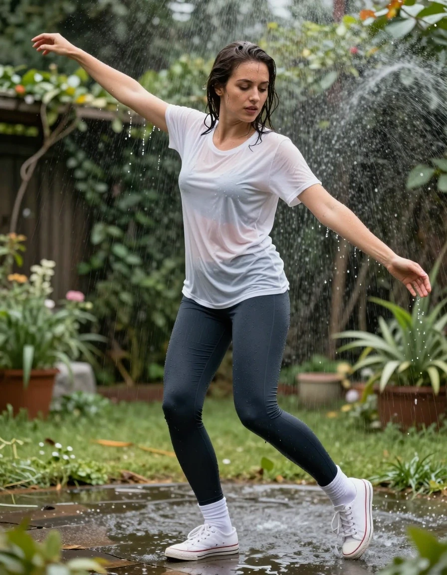 photo of young woman, in soaking wet, drenched clothes,
sneakers, white socks, leggins, t shirt, garden, 
enjoying, wet clothes stuck to body,
detailed textures of the wet clothes, wet face, wet plastered hair,
wet, drenched, professional, high-quality details, full body view.
sharp focus, ultra-high pixel detail, realistic, high-quality, full colors, incredibly detailed, 4k, 8k, 16k, hyper-realistic, RAW photo, masterpiece, ultra-detailed, professionally color graded, professional photograph, dancing under garden sprinkler, wet skin, wet clothes, damp fabric