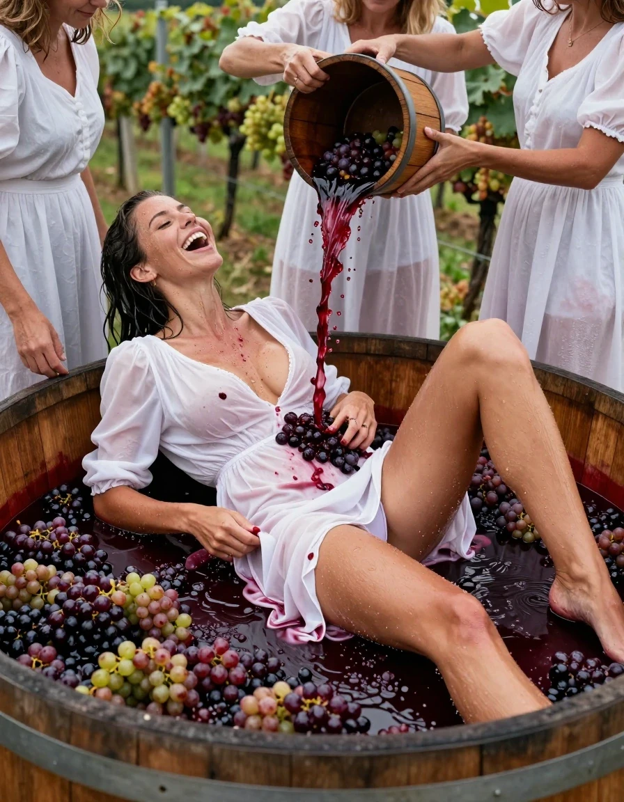 photo of young woman, in soaking wet, drenched clothes,
barefeed, white thong, white coctail dress, no bra, large, open wooden vat filled with crushed grapes. vineyards in Background, 
enjoying, wet clothes stuck to body,
detailed textures of the wet clothes, wet face, wet plastered hair,
wet, drenched, professional, high-quality details, full body view.
sharp focus, ultra-high pixel detail, realistic, high-quality, full colors, incredibly detailed, 4k, 8k, 16k, hyper-realistic, RAW photo, masterpiece, ultra-detailed, professionally color graded, professional photograph, a 25 year old nordic woman is laying on the back in a large wooden vat during the grape harvest and spreads their legs. she is covered with the crushed grapes and drenched with grape juice. Her white dress is completely stained with red grape juice. the boobs are visible under the wet fabric. her body is half submerged in the grape juice. The garment is thoroughly soaked with red grape juice and clings to her body. the girl takes a hand full of smashed grapes, lifts her dress and puts smashed grapes into her panties. Another three woman in white dresses stands around the barrel and each of them holds an wooden bucket and pours a lot of red wine over the body of the woman in the barrel. When the wine hits the woman’s body, it splashes in all directions. The woman is laughing heartily. wet skin, wet clothes, damp fabric, wet skin, wet clothes, damp fabric, wet skin, wet clothes, damp fabric