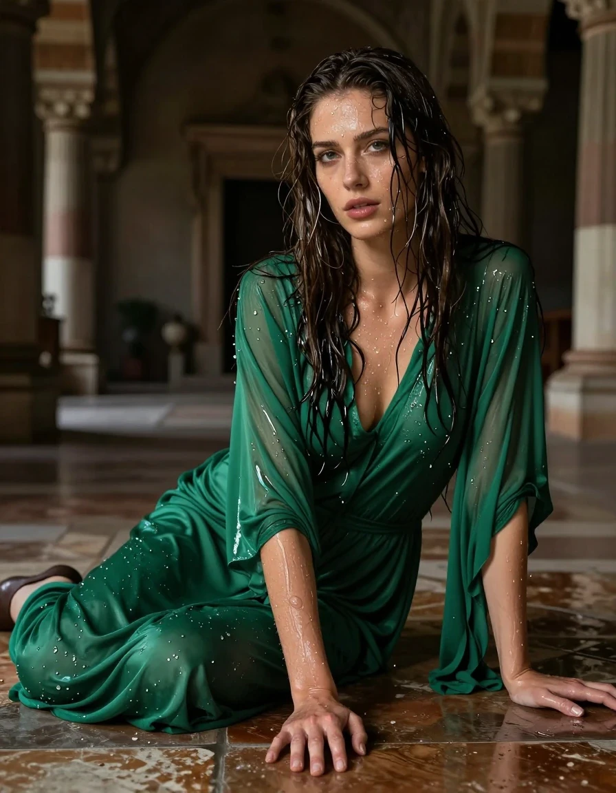 photo of young woman, in soaking wet, drenched clothes,
heels, Socks, stunning floor-length emerald , Inside dark ancient palace , 
enjoying, wet clothes stuck to body,
detailed textures of the wet clothes, wet face, wet plastered hair,
wet, drenched, professional, high-quality details, full body view.
sharp focus, ultra-high pixel detail, realistic, high-quality, full colors, incredibly detailed, 4k, 8k, 16k, hyper-realistic, RAW photo, masterpiece, ultra-detailed, professionally color graded, professional photograph, Wavy medium straight hair, lying flat on floor, wet skin, wet clothes, damp fabric