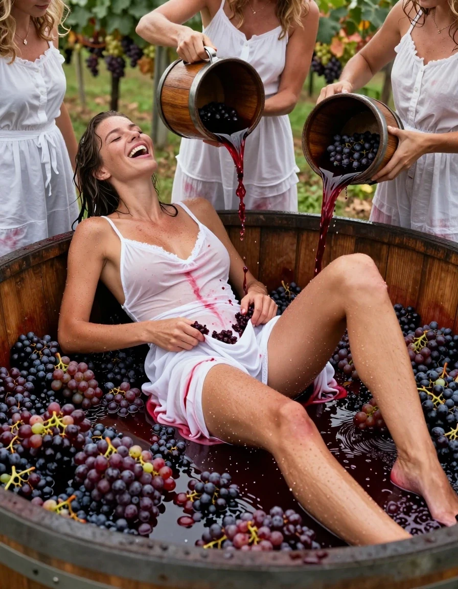 photo of young woman, in soaking wet, drenched clothes,
barefeed, white thong, white coctail dress, no bra, large, open wooden vat filled with crushed grapes. vineyards in Background, 
enjoying, wet clothes stuck to body,
detailed textures of the wet clothes, wet face, wet plastered hair,
wet, drenched, professional, high-quality details, full body view.
sharp focus, ultra-high pixel detail, realistic, high-quality, full colors, incredibly detailed, 4k, 8k, 16k, hyper-realistic, RAW photo, masterpiece, ultra-detailed, professionally color graded, professional photograph, a 25 year old nordic woman is laying on the back in a large wooden vat during the grape harvest and spreads their legs. she is covered with the crushed grapes and drenched with grape juice. Her white dress is completely stained with red grape juice. her body is half submergen in the grape juice. The garment is thoroughly soaked with red grape juice and clings to her body. the girl takes a hand full of smashed grapes, lifts her dress and puts smashed grapes into her panties. Another three woman stands around the barrel and each of them pours red wine from a wooden bucket over the body of the woman in the barrel. The woman is laughing heartily. wet skin, wet clothes, damp fabric, wet skin, wet clothes, damp fabric, wet skin, wet clothes, damp fabric