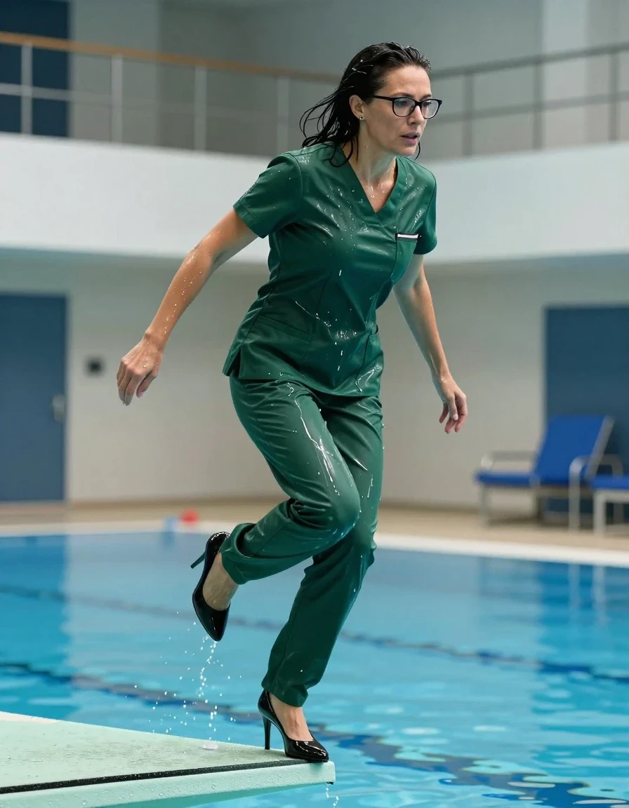photo of young woman, in soaking wet, drenched clothes,
high-heeled shoes, tight dark green shiny scrubs, tight dark green shiny scrubs, jumping from the diving board into the water of the indoor pool, 
enjoying, wet clothes stuck to body,
detailed textures of the wet clothes, wet face, wet plastered hair,
wet, drenched, professional, high-quality details, full body view.
sharp focus, ultra-high pixel detail, realistic, high-quality, full colors, incredibly detailed, 4k, 8k, 16k, hyper-realistic, RAW photo, masterpiece, ultra-detailed, professionally color graded, professional photograph, europen brunette skinny woman 50 years old, long dark black hair, office glasses, very big and thick lips, complete body, wet skin, wet clothes, damp fabric, wet skin, wet clothes, damp fabric, wet skin, wet clothes, damp fabric, wet skin, wet clothes, damp fabric, wet skin, wet clothes, damp fabric, wet skin, wet clothes, damp fabric, wet skin, wet clothes, damp fabric